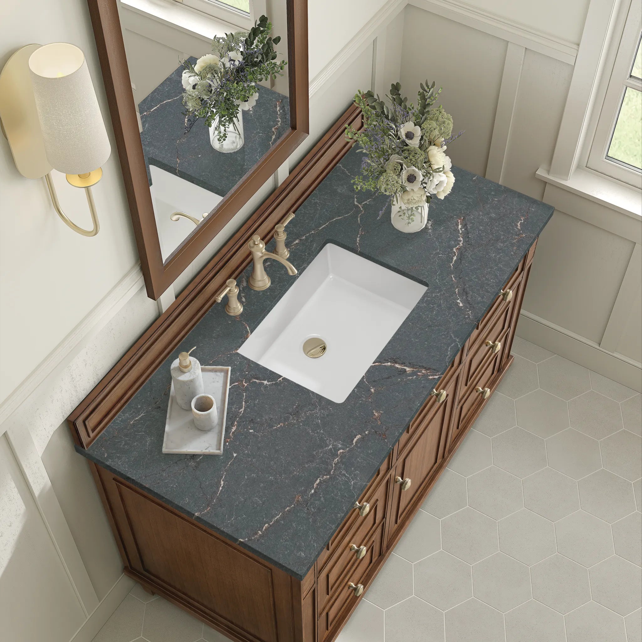 48" Lorelai Single Vanity in Mid-Century Walnut w/FreePower Wireless Charger-Parisien Bleu Silestone-8" Widespread image 10