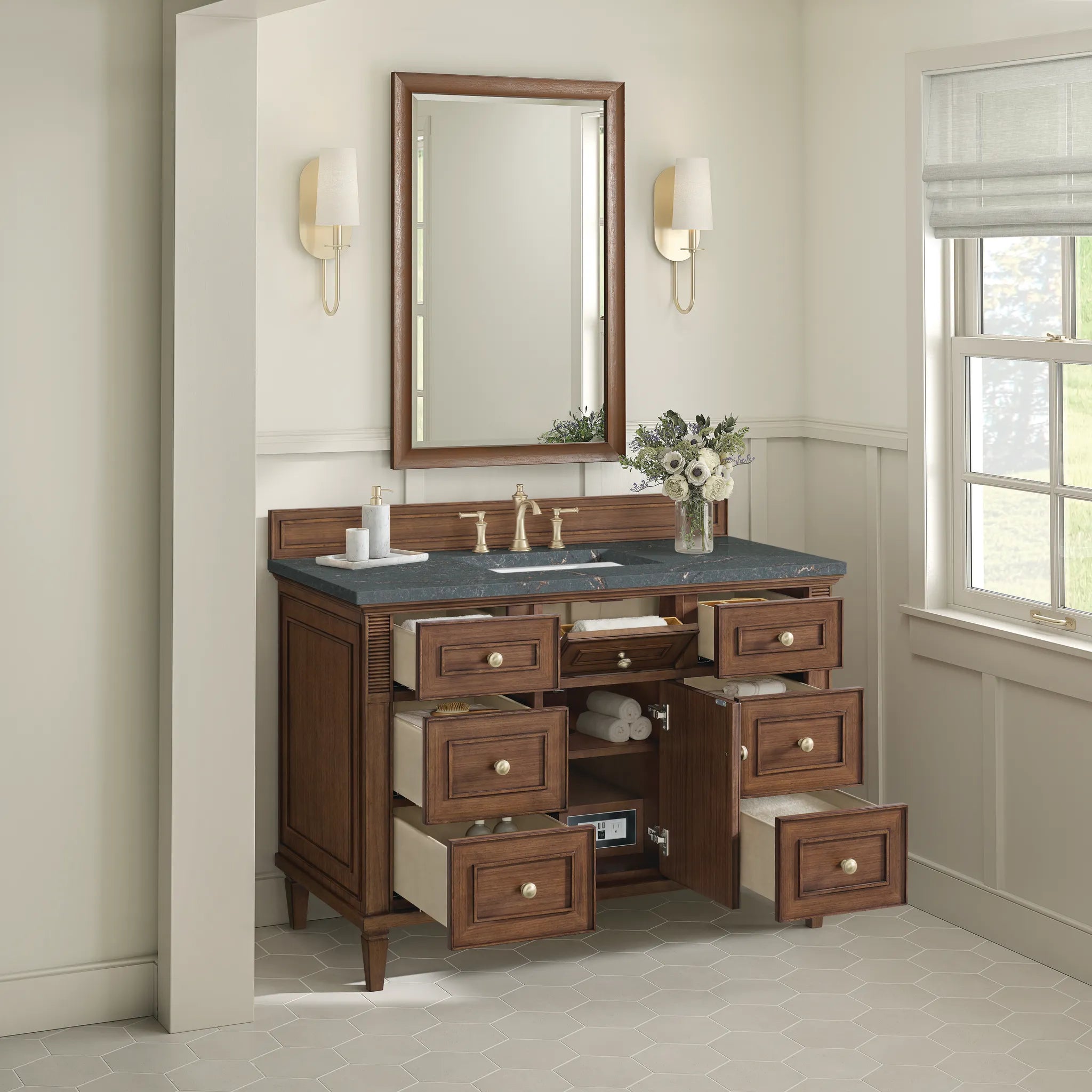 48" Lorelai Single Vanity in Mid-Century Walnut w/FreePower Wireless Charger-Parisien Bleu Silestone-8" Widespread image 8