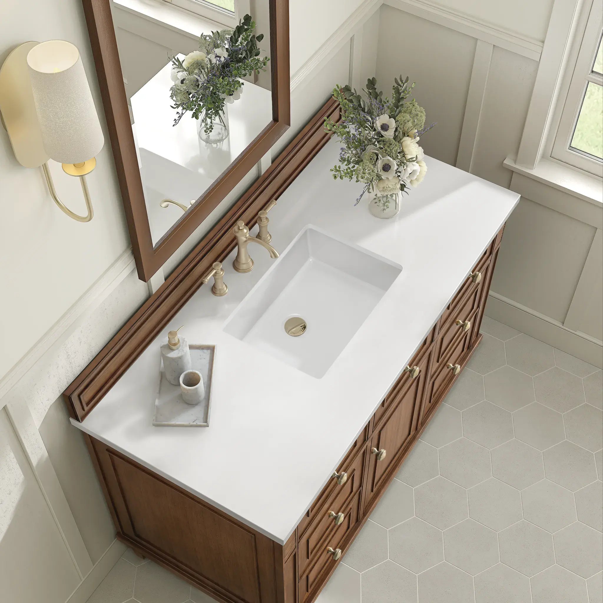 48" Lorelai Single Vanity in Mid-Century Walnut-White Zeus Silestone-8" Widespread image 8