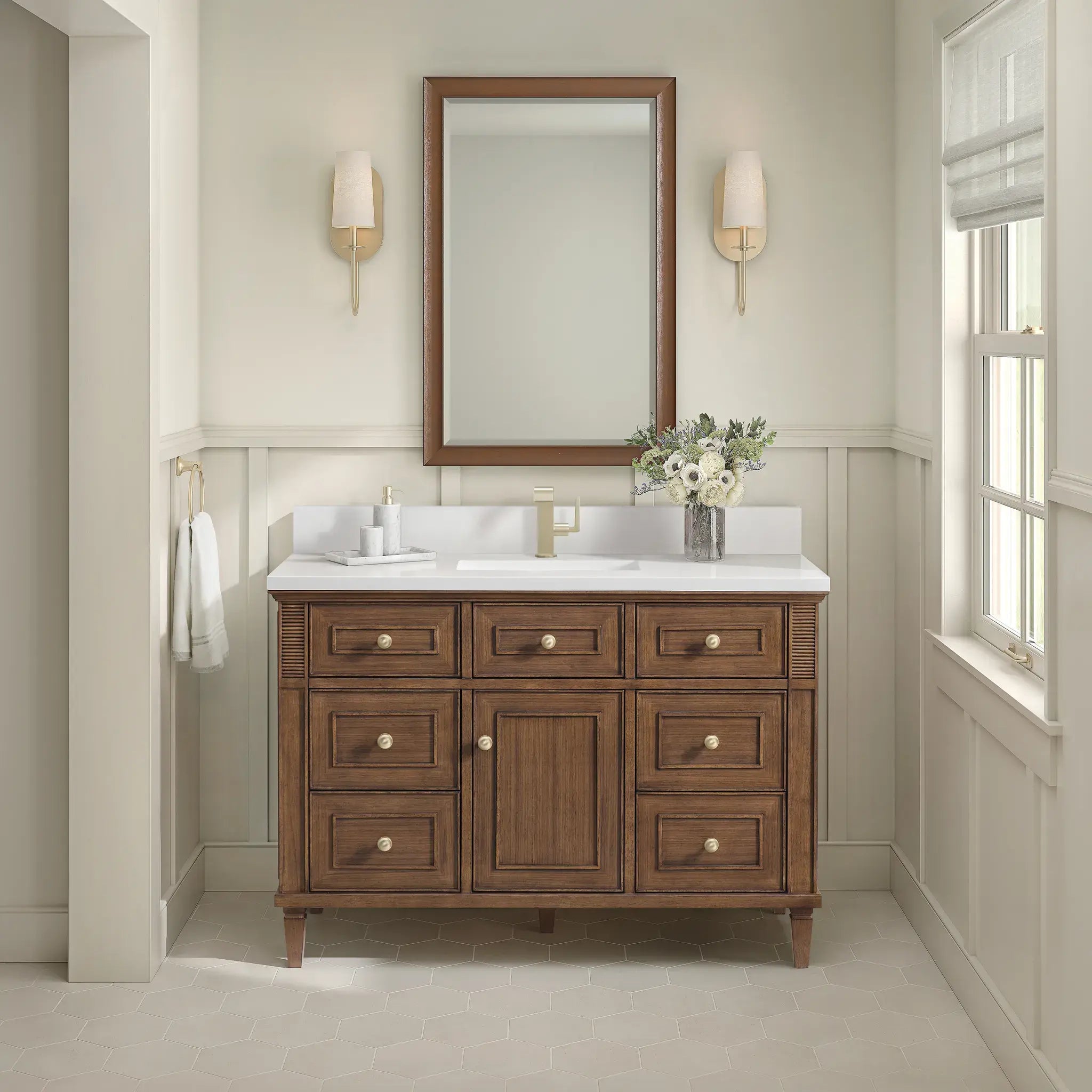 48" Lorelai Single Vanity in Mid-Century Walnut-White Zeus Silestone & Backsplash-Single Hole image 1