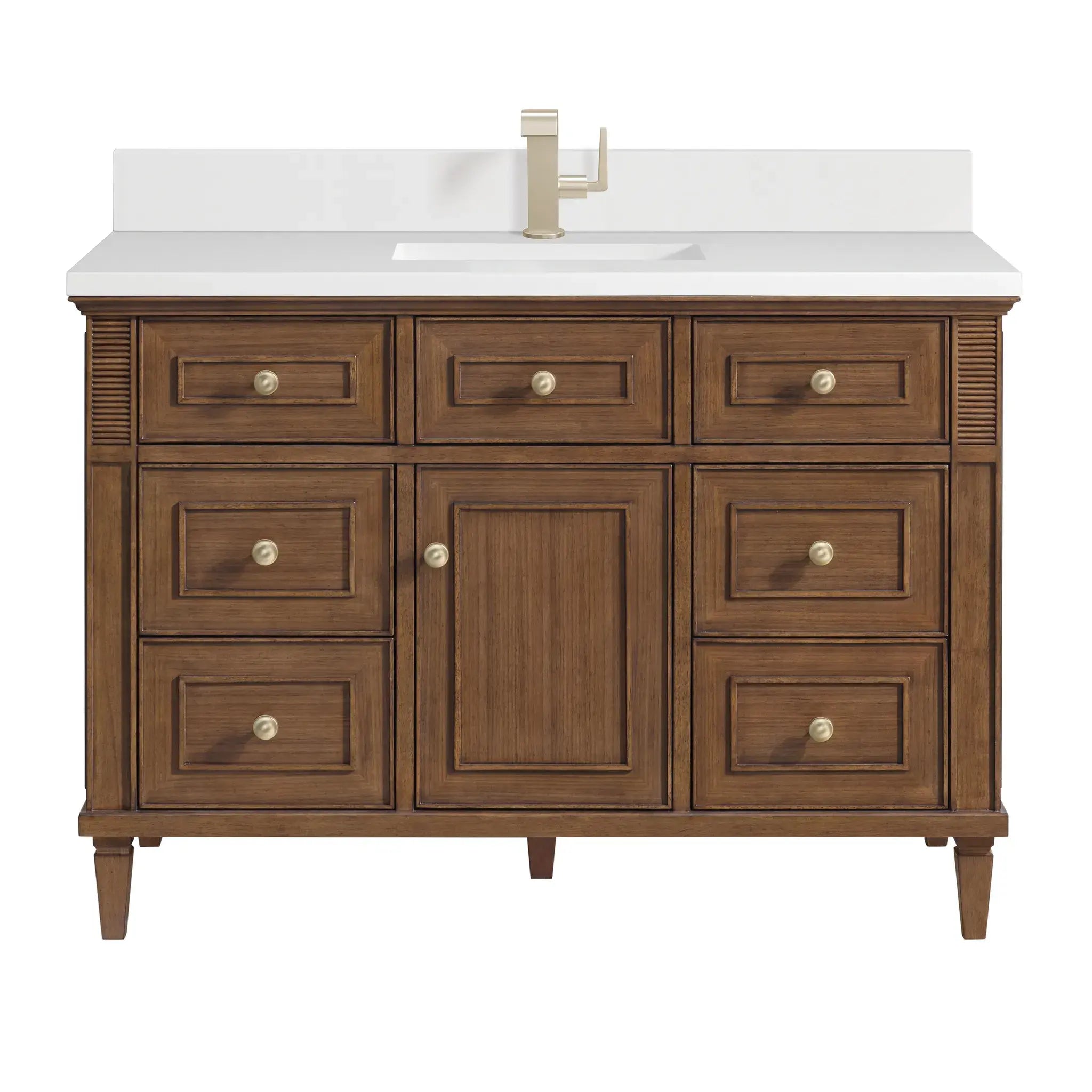 48" Lorelai Single Vanity in Mid-Century Walnut-White Zeus Silestone & Backsplash-Single Hole image