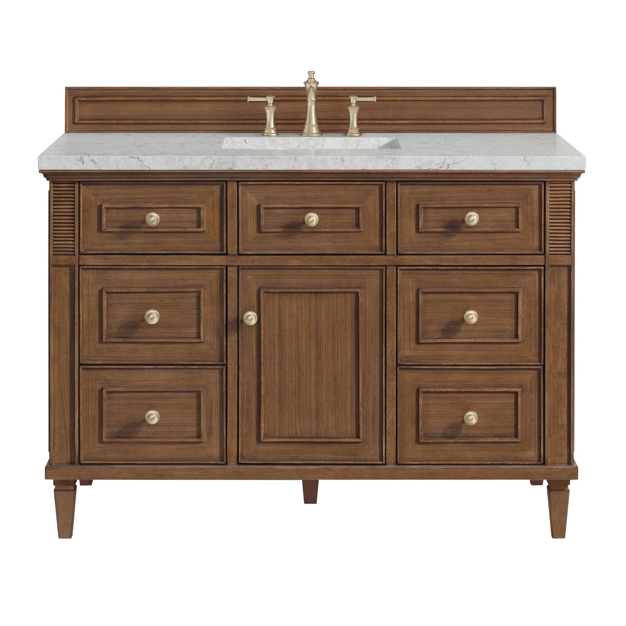 48" Lorelai Single Vanity in Mid-Century Walnut Wireless Charger-Eternal Jasmine Pearl Silestone-8" Widespread image