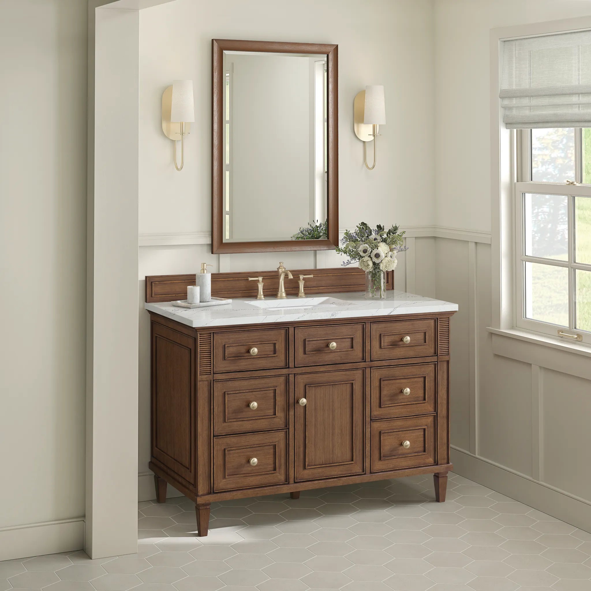 48" Lorelai Single Vanity in Mid-Century Walnut Wireless Charger-Ethereal Noctis Silestone-8" Widespread image 7