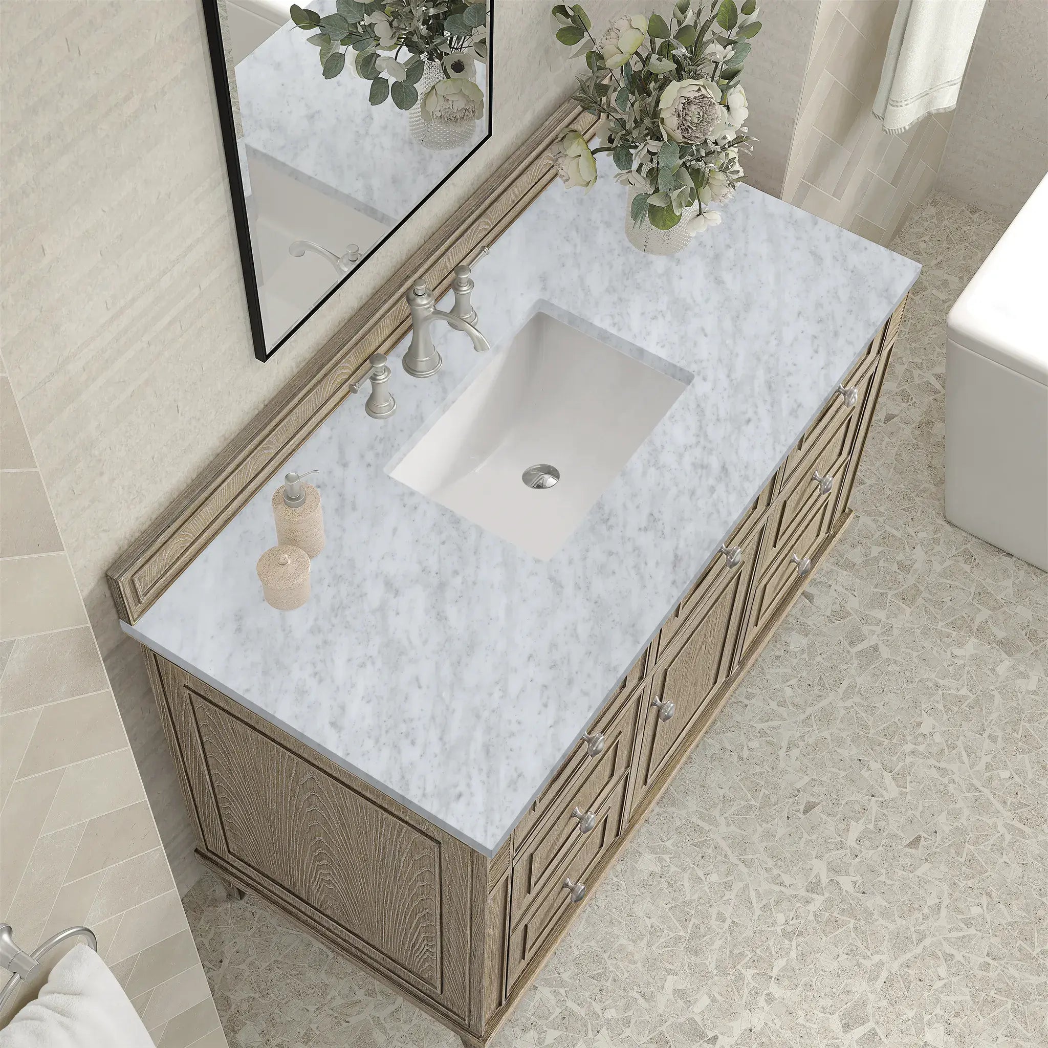 48" Lorelai Single Vanity in Whitewashed Oak-Carrara White Marble-8" Widespread image 6