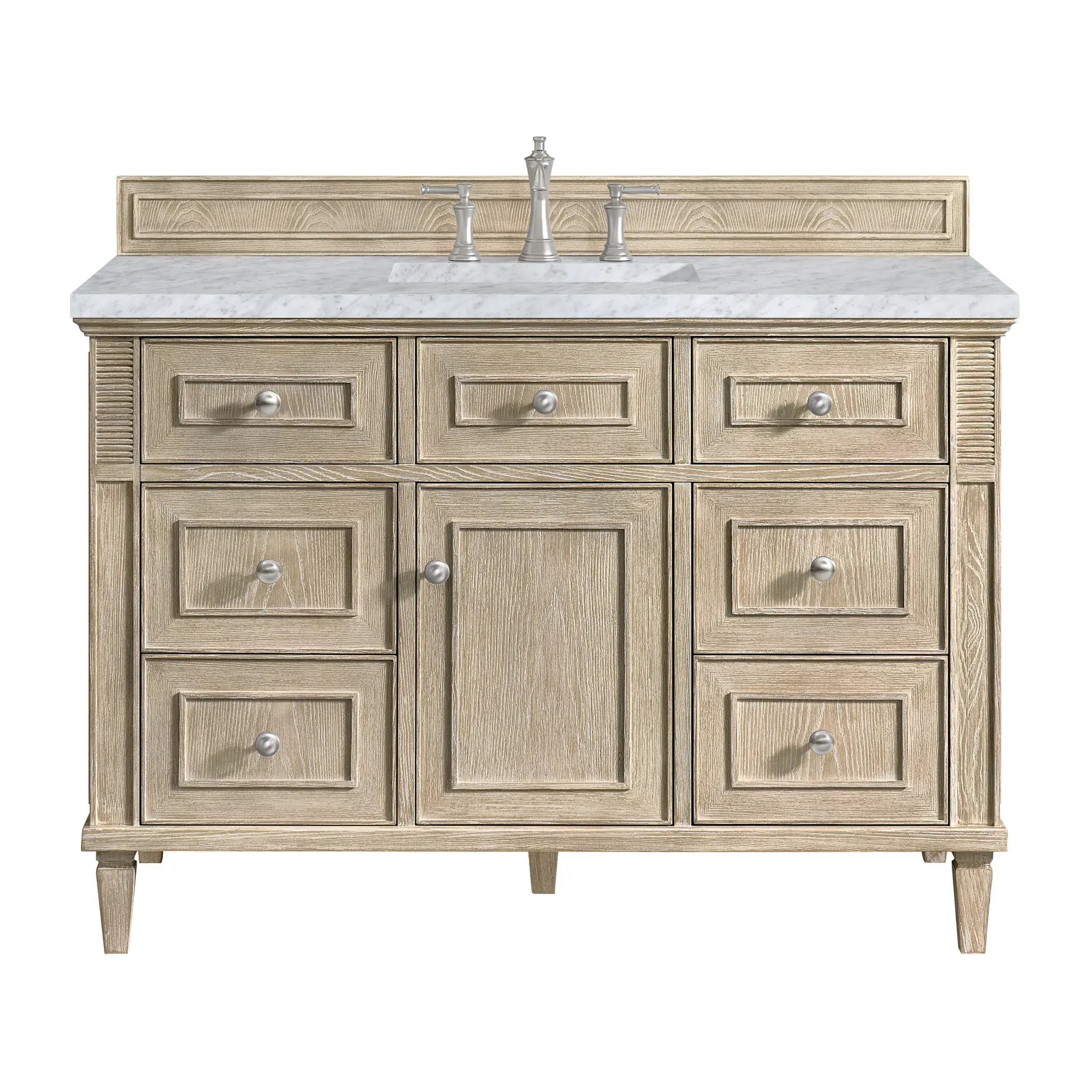 48" Lorelai Single Vanity in Whitewashed Oak-Carrara White Marble-8" Widespread image