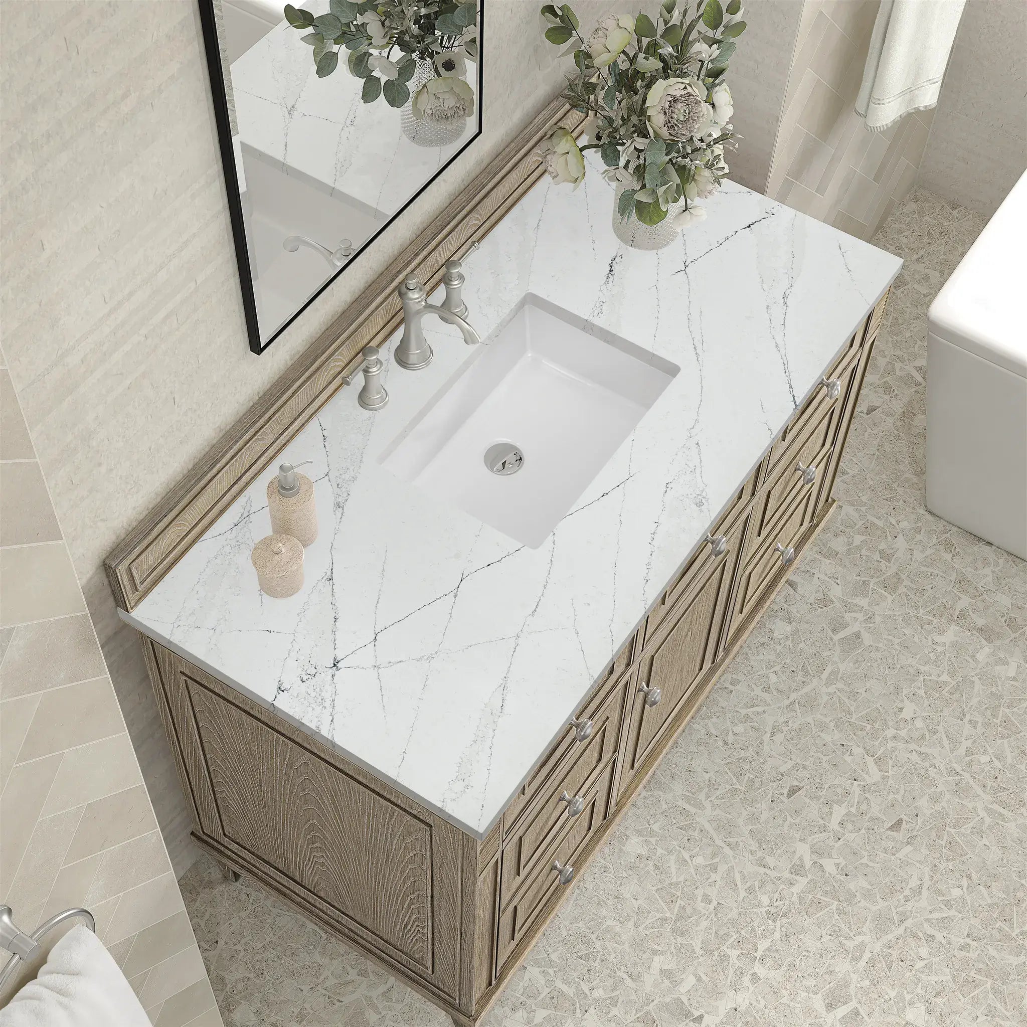 48" Lorelai Single Vanity in Whitewashed Oak-Ethereal Noctis Silestone-8" Widespread image 6