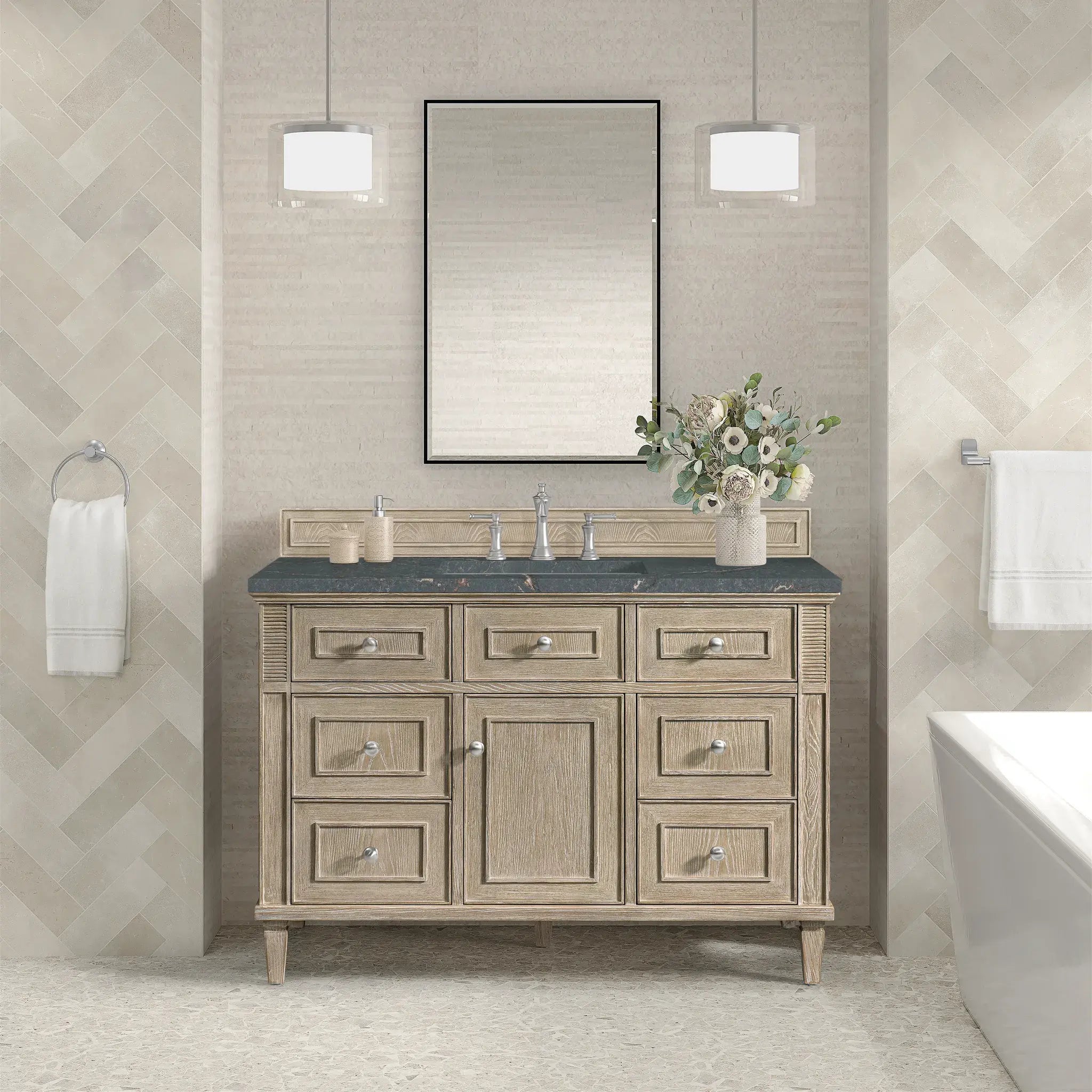 48" Lorelai Single Vanity in Whitewashed Oak-Parisien Bleu Silestone-8" Widespread image 2