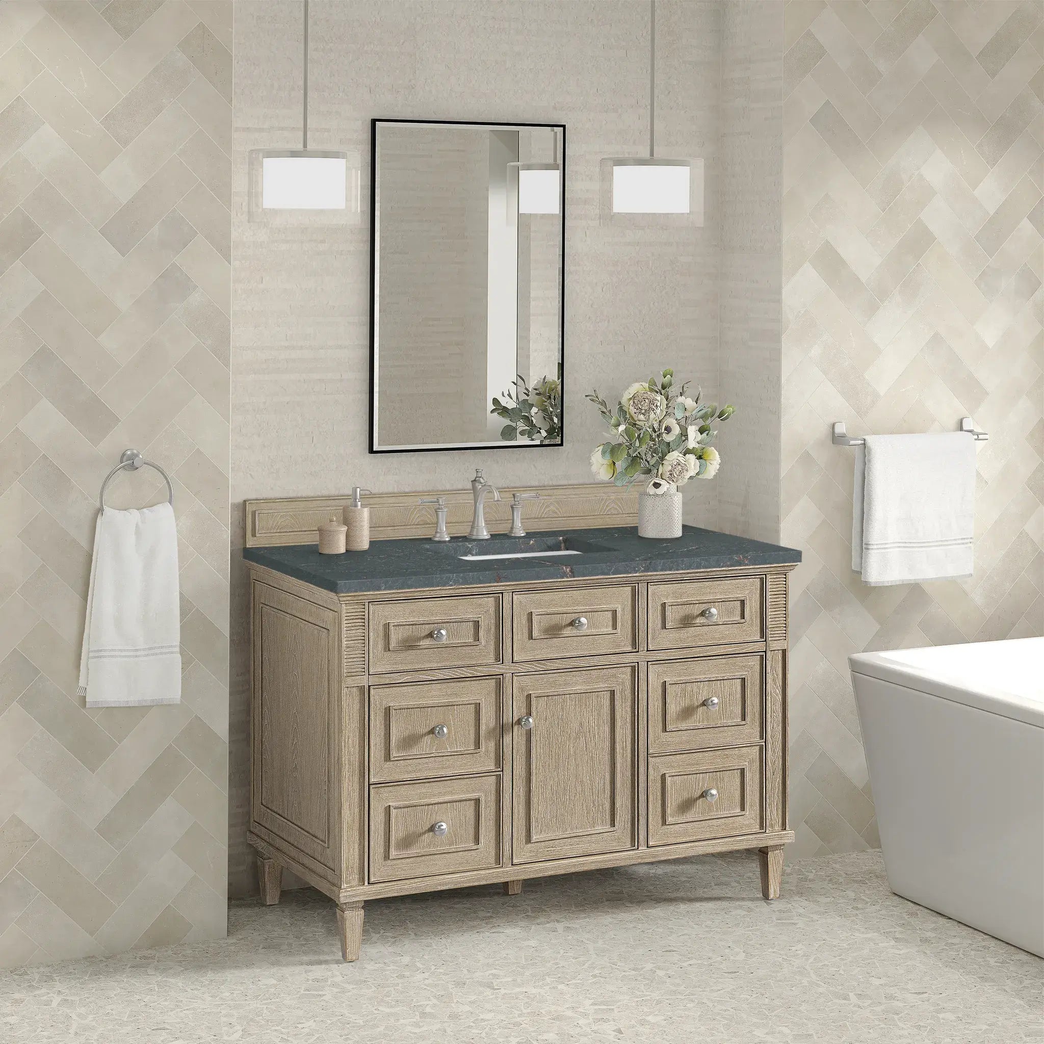 48" Lorelai Single Vanity in Whitewashed Oak-Parisien Bleu Silestone-8" Widespread image 3