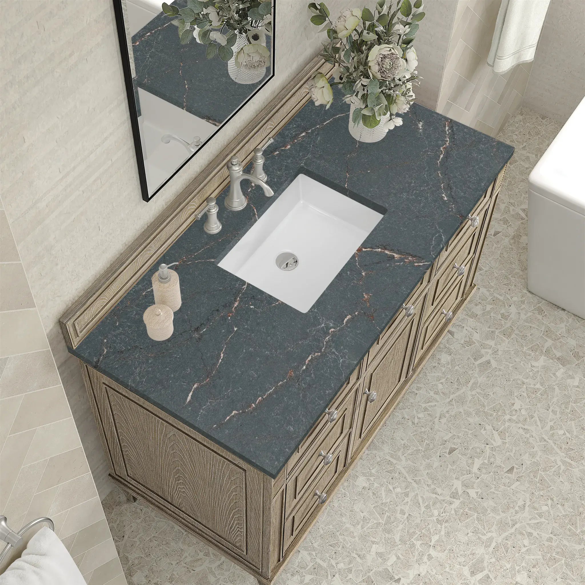 48" Lorelai Single Vanity in Whitewashed Oak-Parisien Bleu Silestone-8" Widespread image 6