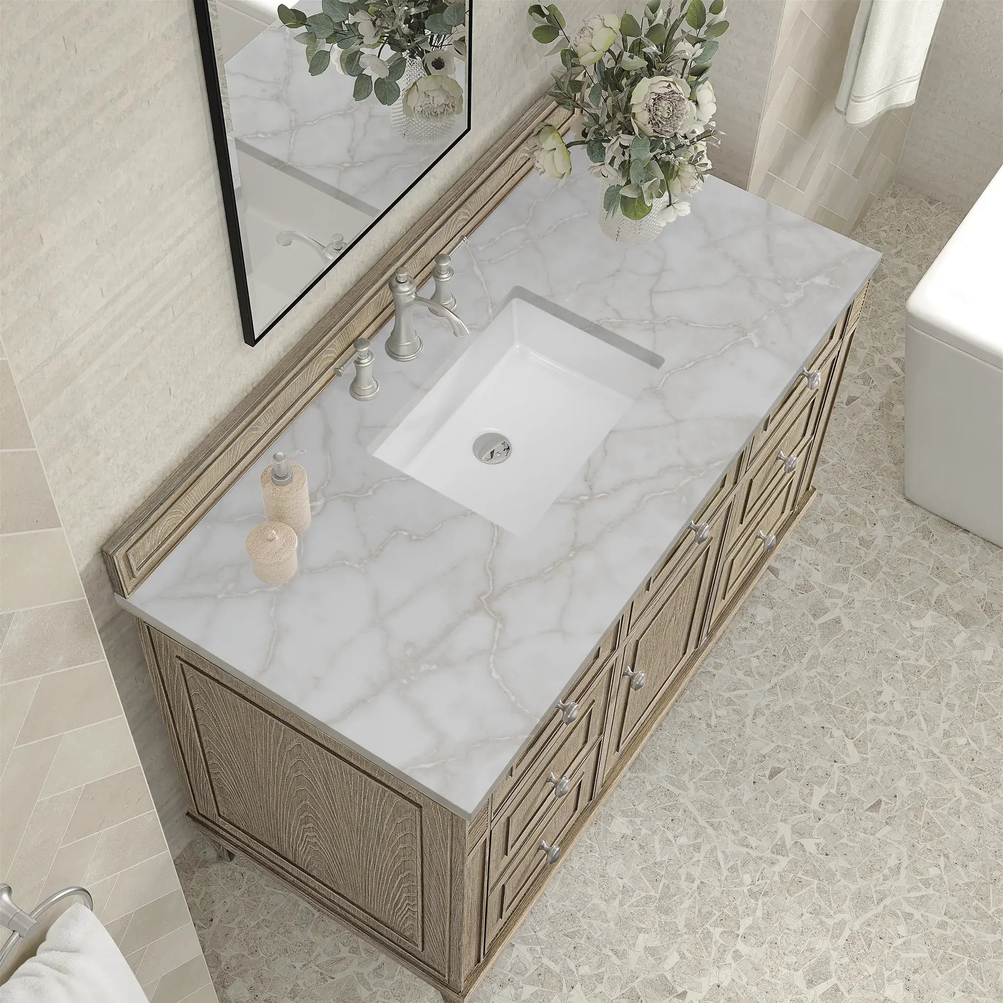 48" Lorelai Single Vanity in Whitewashed Oak-Victorian Silver Silestone-8" Widespread image 6