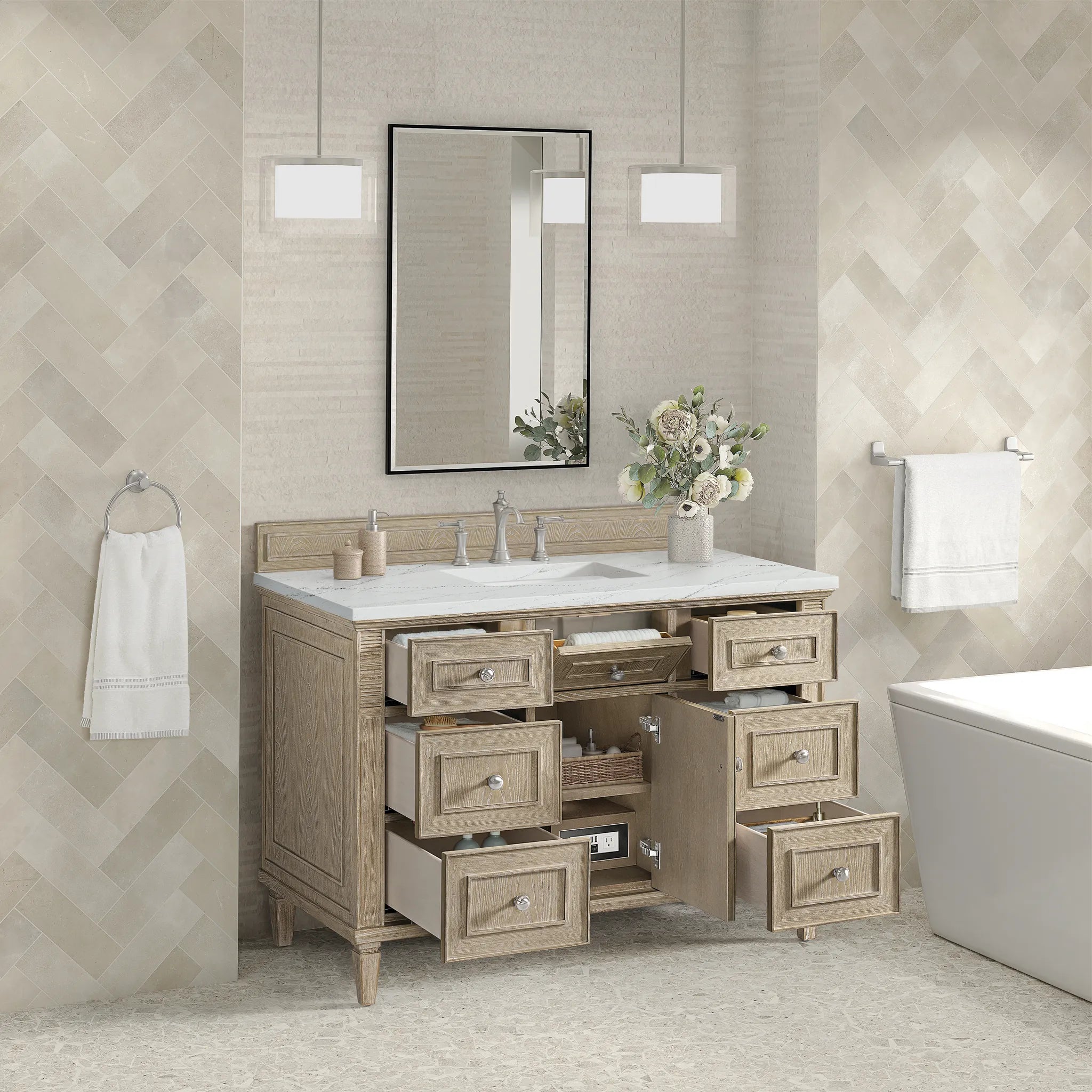 48" Lorelai Single Vanity in Whitewashed Oak w/FreePower Wireless Charger-Ethereal Noctis Silestone-8" Widespread image 7