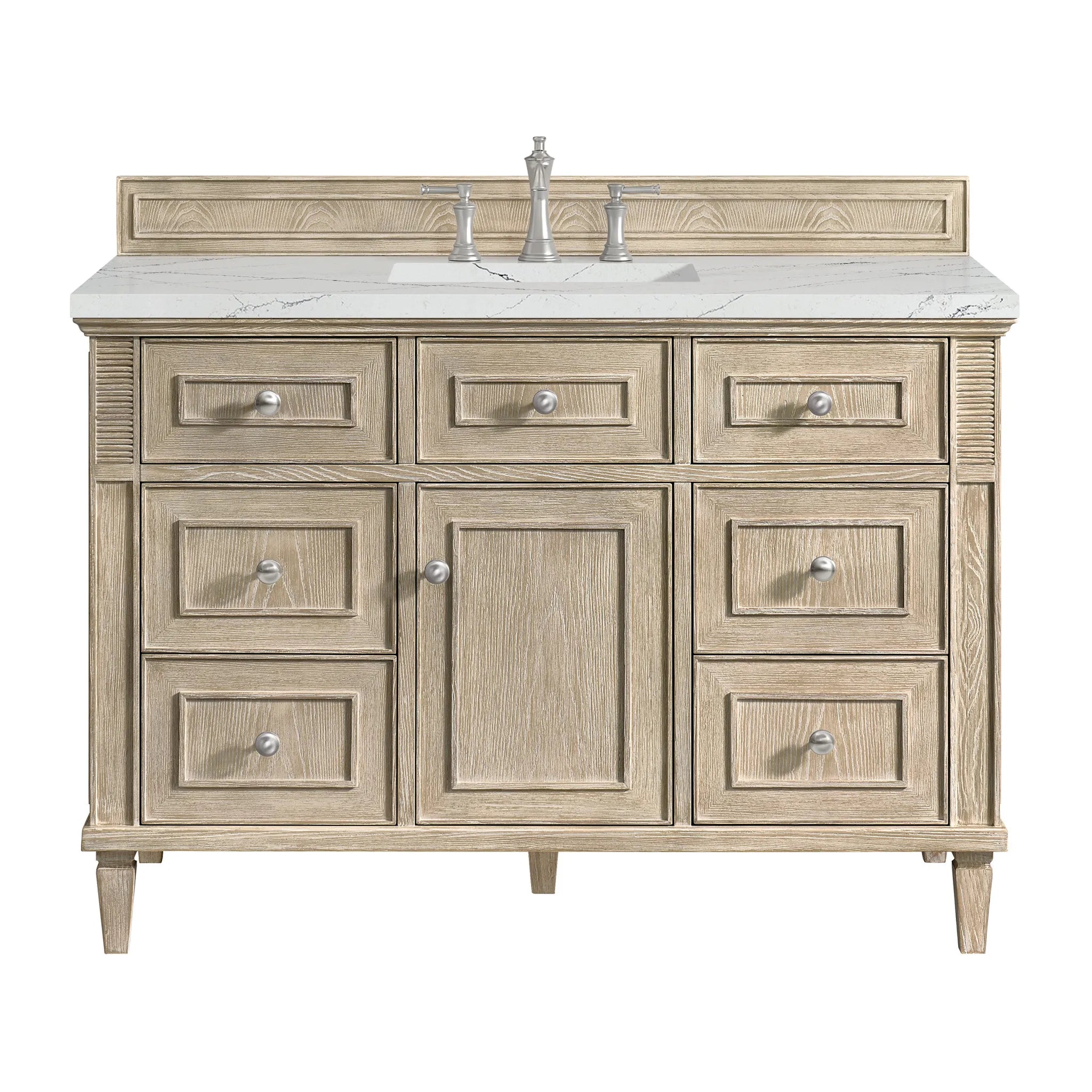 48" Lorelai Single Vanity in Whitewashed Oak w/FreePower Wireless Charger-Ethereal Noctis Silestone-8" Widespread image