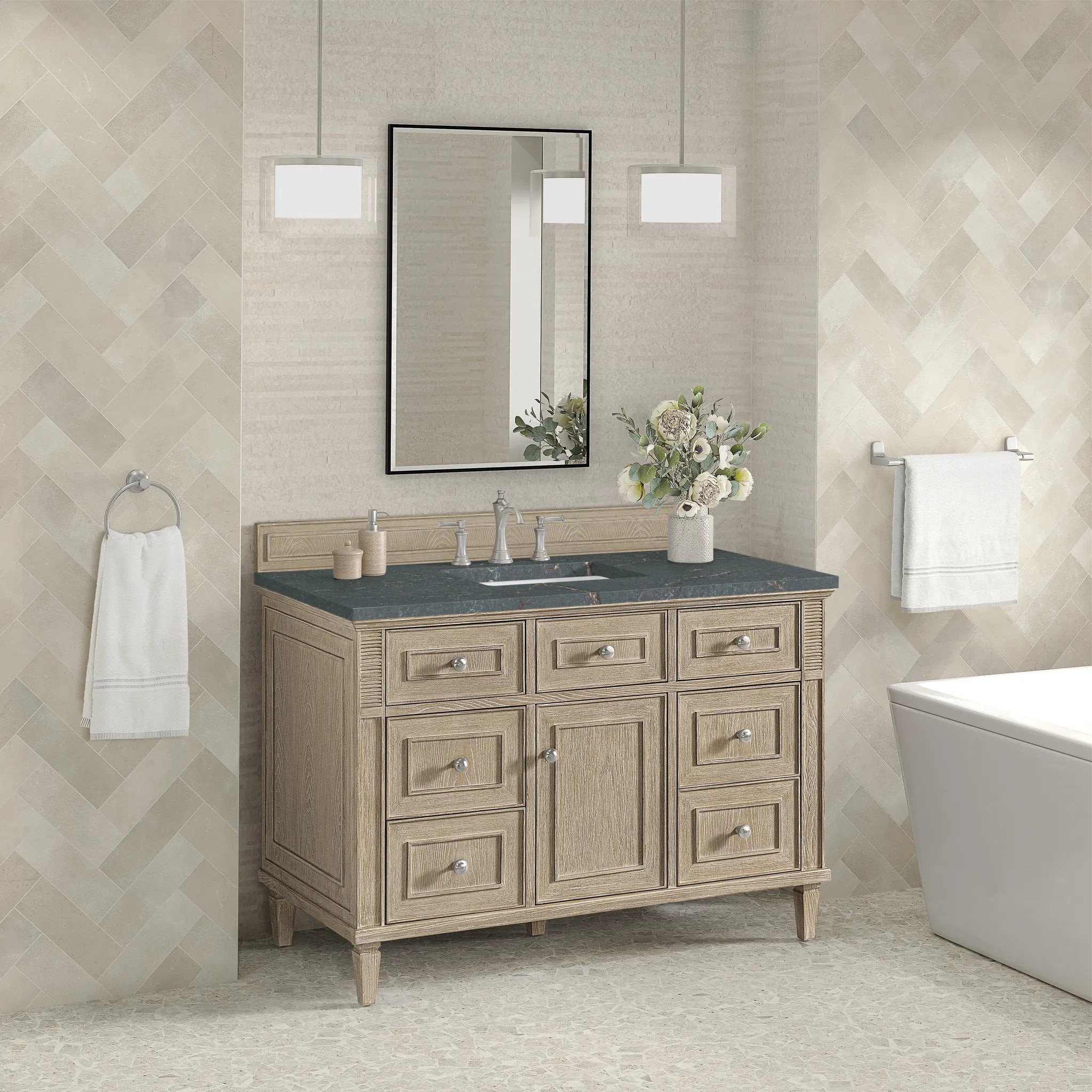 48" Lorelai Single Vanity in Whitewashed Oak w/FreePower Wireless Charger-Parisien Bleu Silestone-8" Widespread image 6