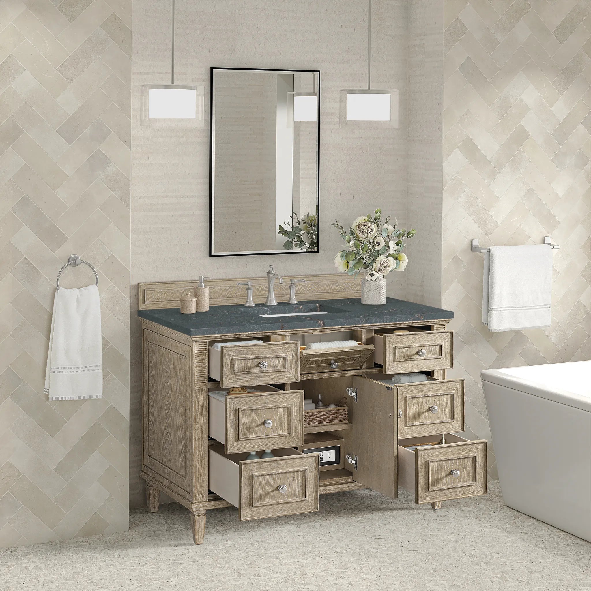 48" Lorelai Single Vanity in Whitewashed Oak w/FreePower Wireless Charger-Parisien Bleu Silestone-8" Widespread image 7