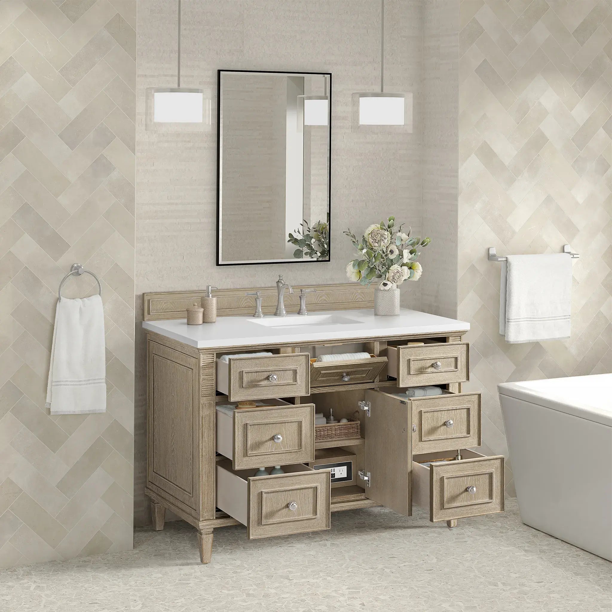 48" Lorelai Single Vanity in Whitewashed Oak-White Zeus Silestone-8" Widespread image 4