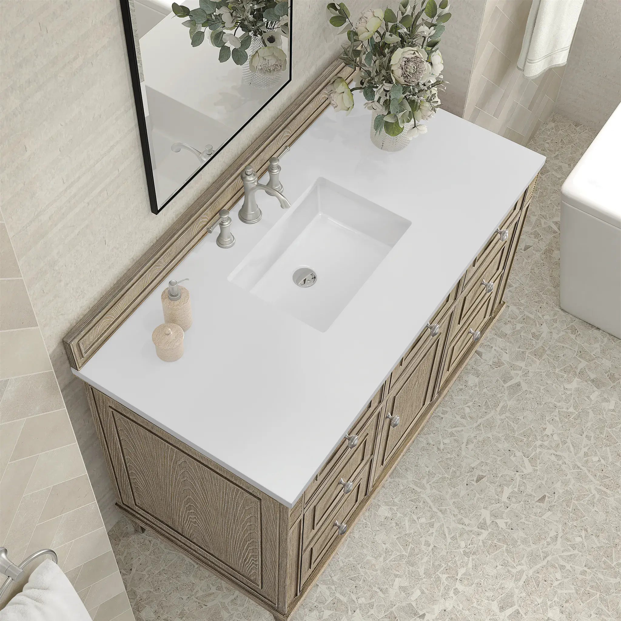 48" Lorelai Single Vanity in Whitewashed Oak-White Zeus Silestone-8" Widespread image 7