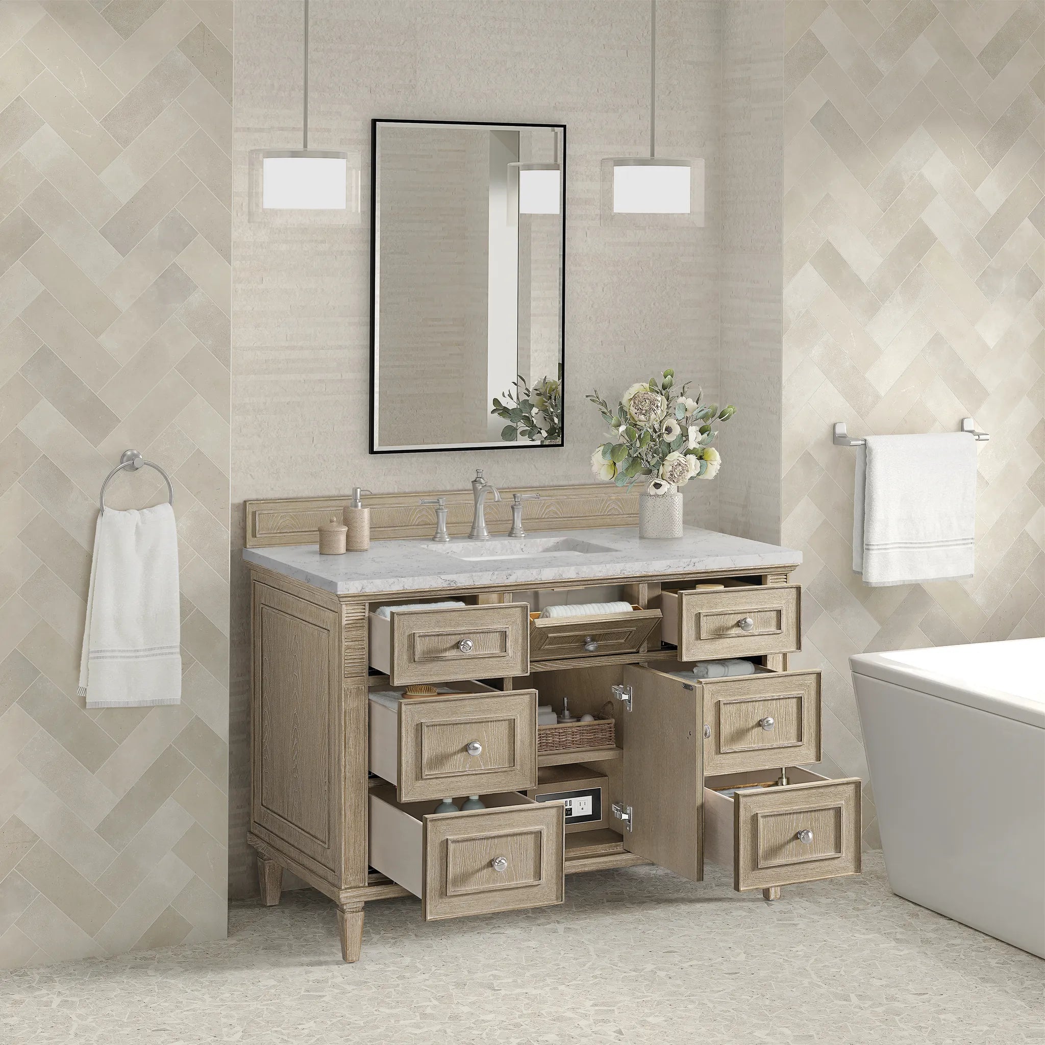 48" Lorelai Single Vanity in Whitewashed Oak Wireless Charger-Eternal Jasmine Pearl Silestone-8" Widespread image 7