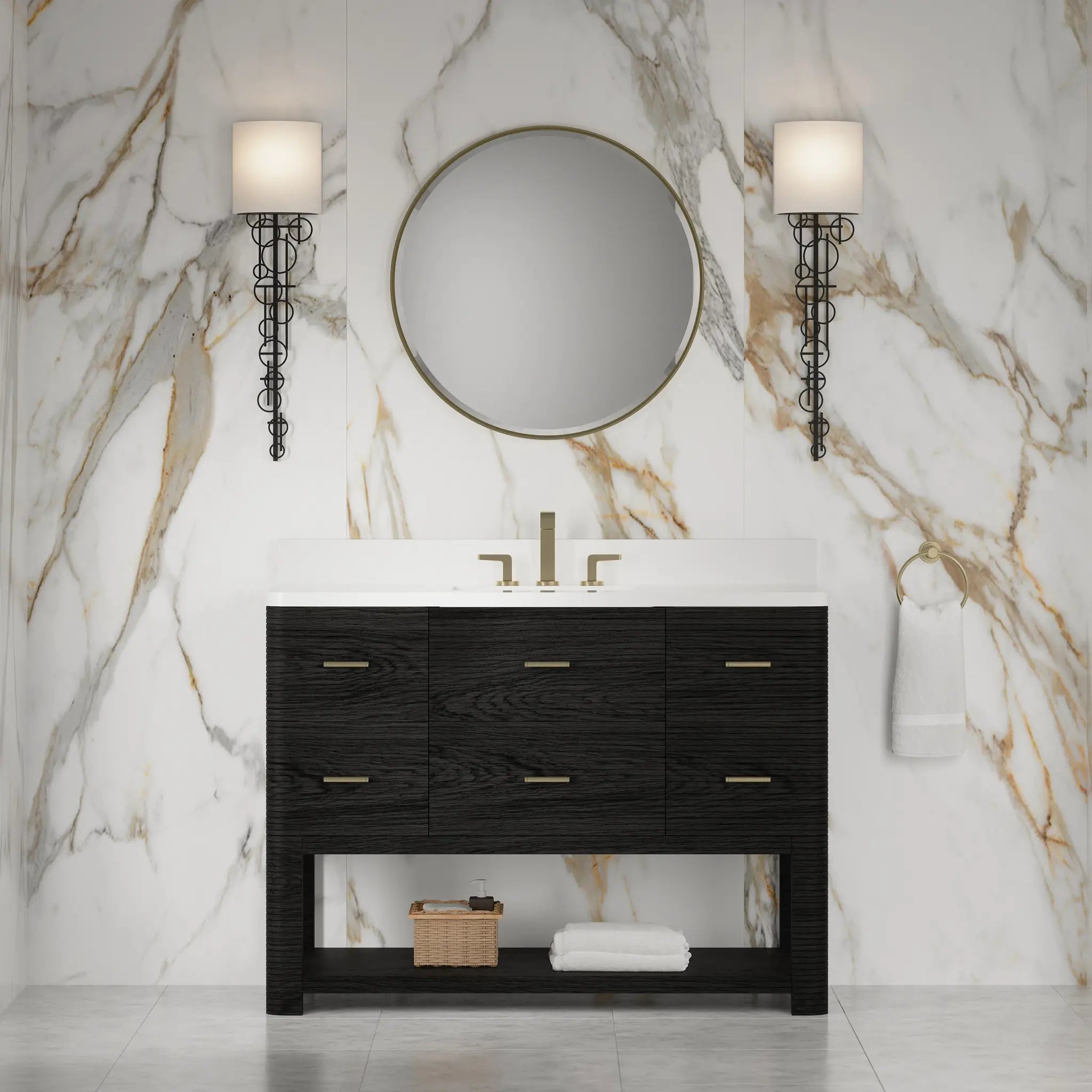48 Lucian Single Vanity In Carbon Oak Standard White Zeus Silestone 8 Widespread 3