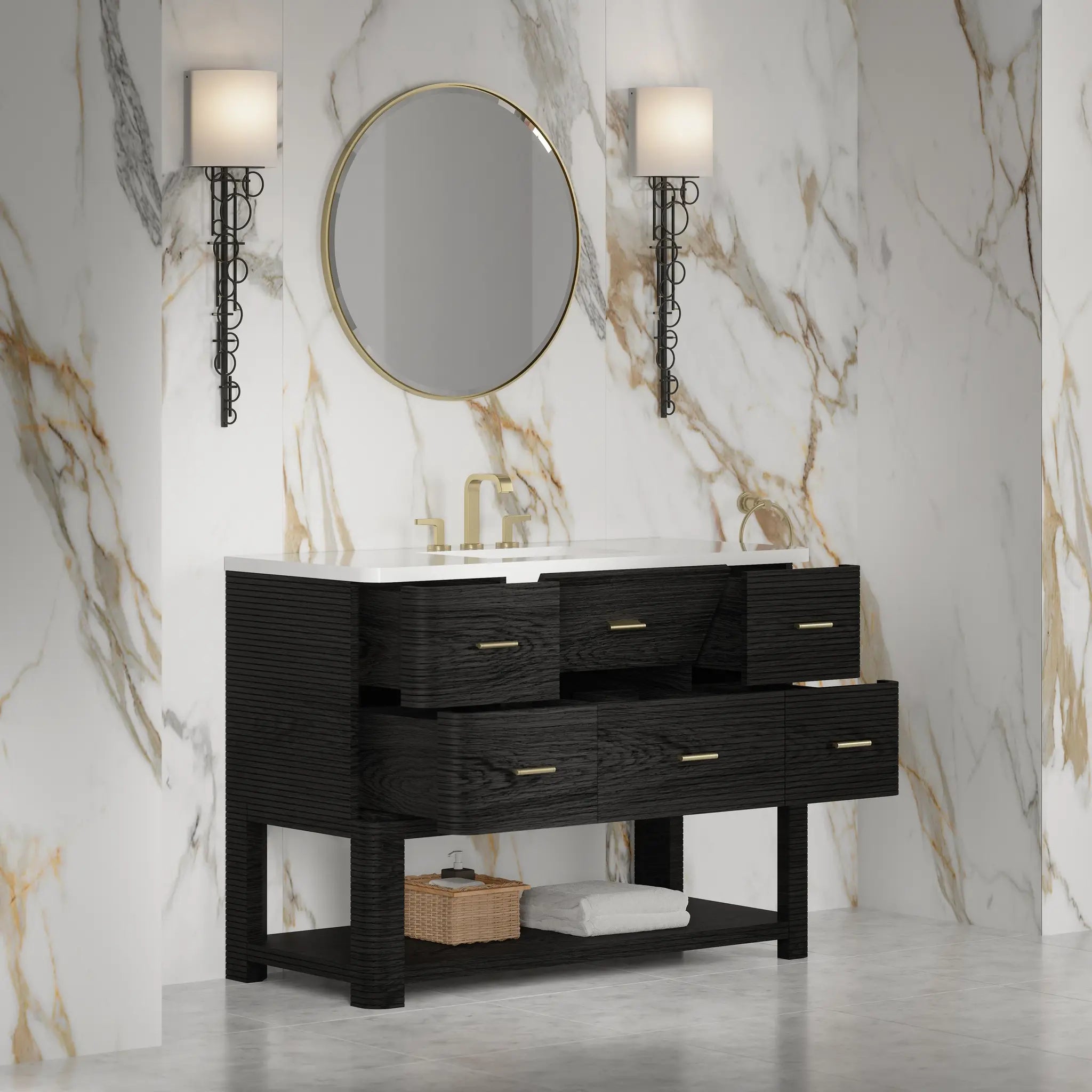 48 Lucian Single Vanity In Carbon Oak Standard White Zeus Silestone 8 Widespread 6