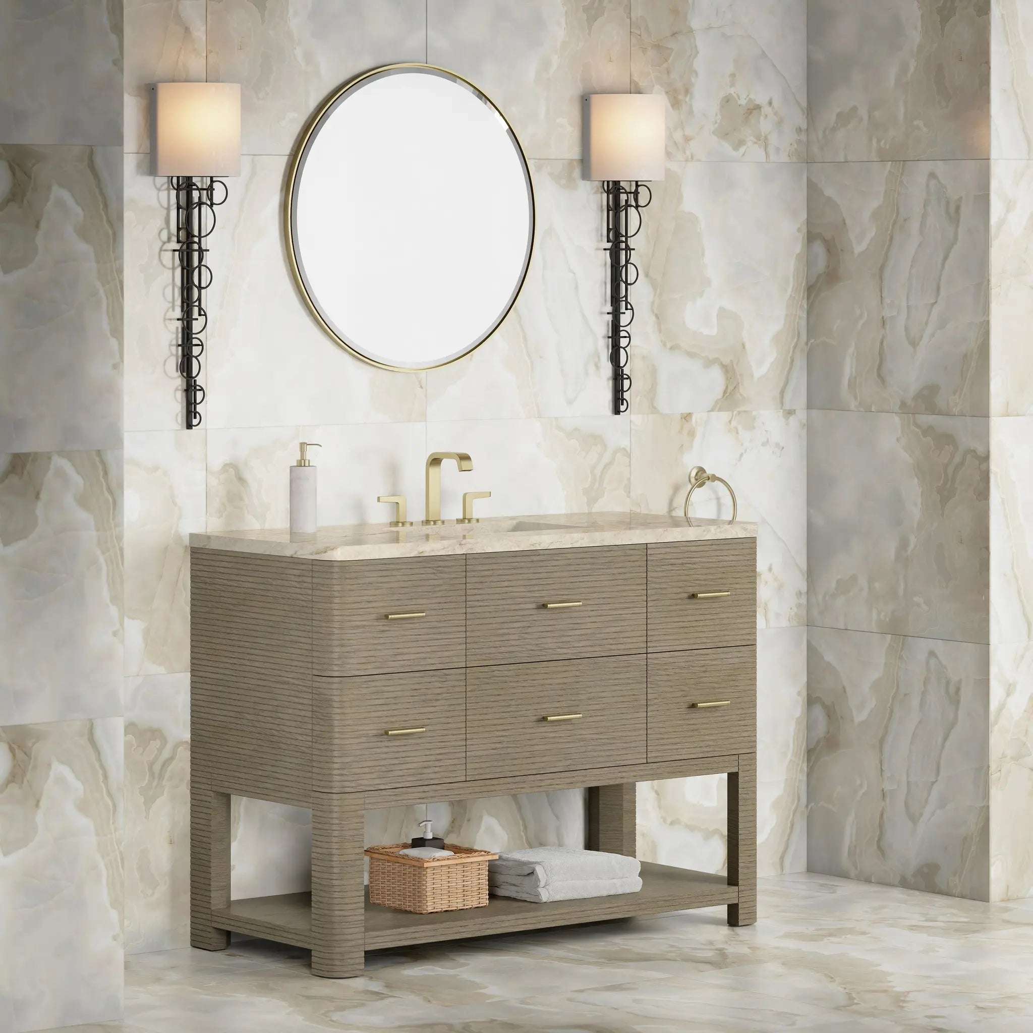 48 Lucian Single Vanity In Pebble Oak Power Enabled Tajnar Eclos 8 Widespread 5