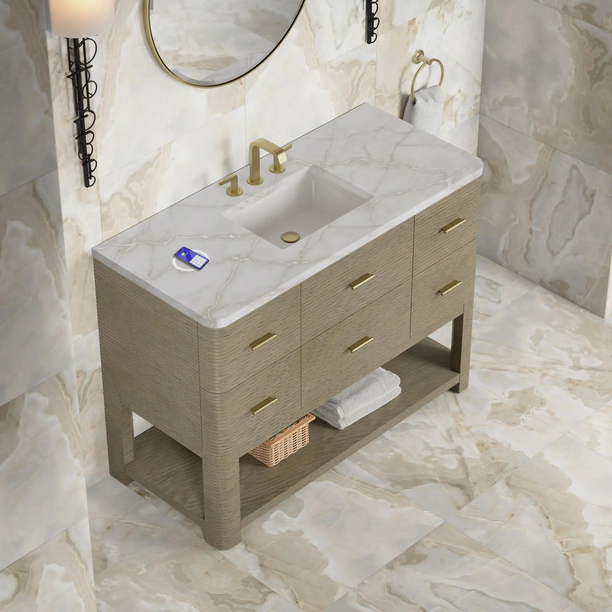 48 Lucian Single Vanity In Pebble Oak Power Enabled Victorian Silver Silestone 8 Widespread 9
