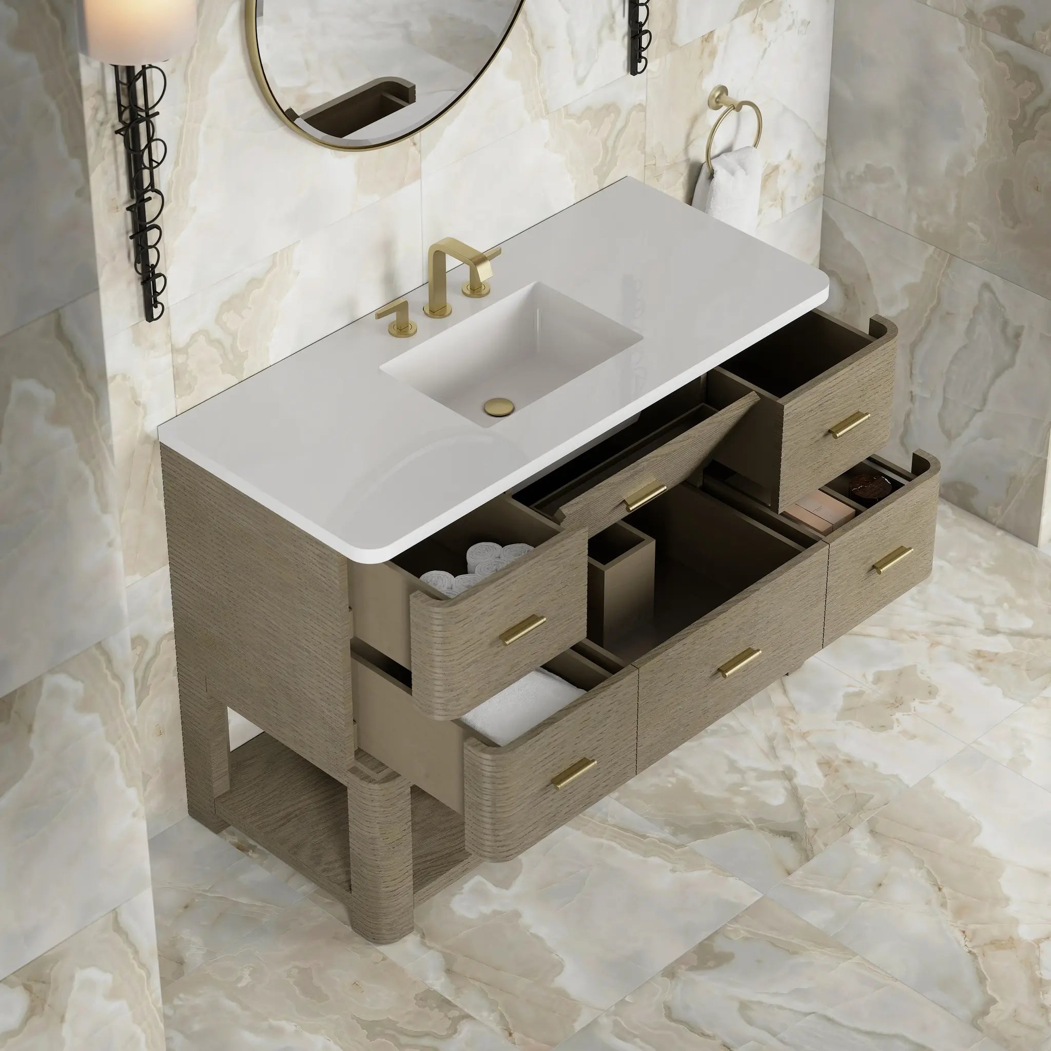 48 Lucian Single Vanity In Pebble Oak Standard White Zeus Silestone 8 Widespread 11