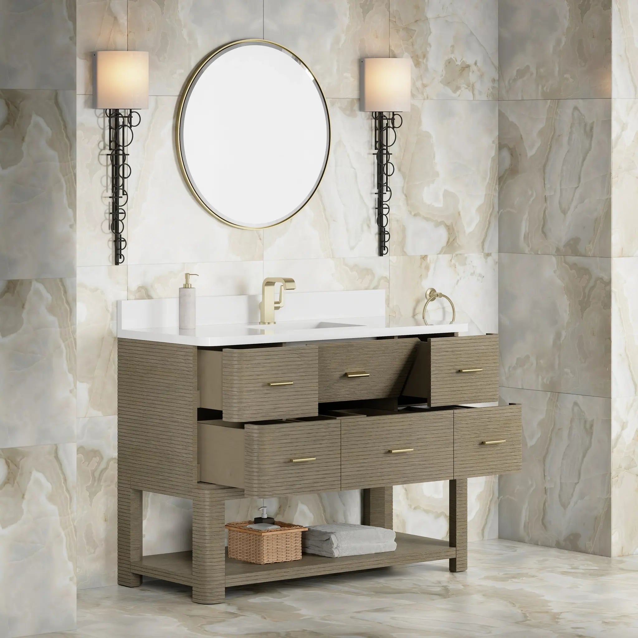 48 Lucian Single Vanity In Pebble Oak Standard White Zeus Silestone Single Hole 6