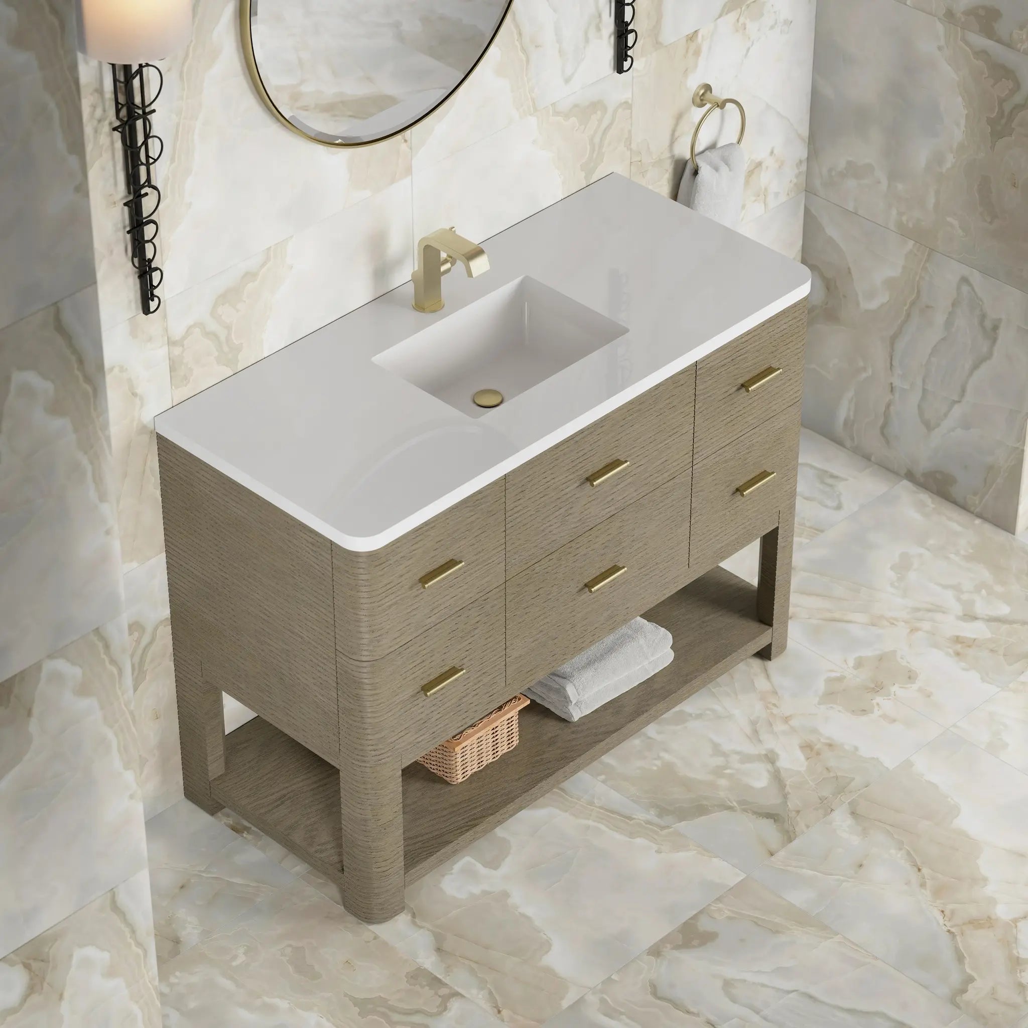48 Lucian Single Vanity In Pebble Oak Standard White Zeus Silestone Single Hole 8
