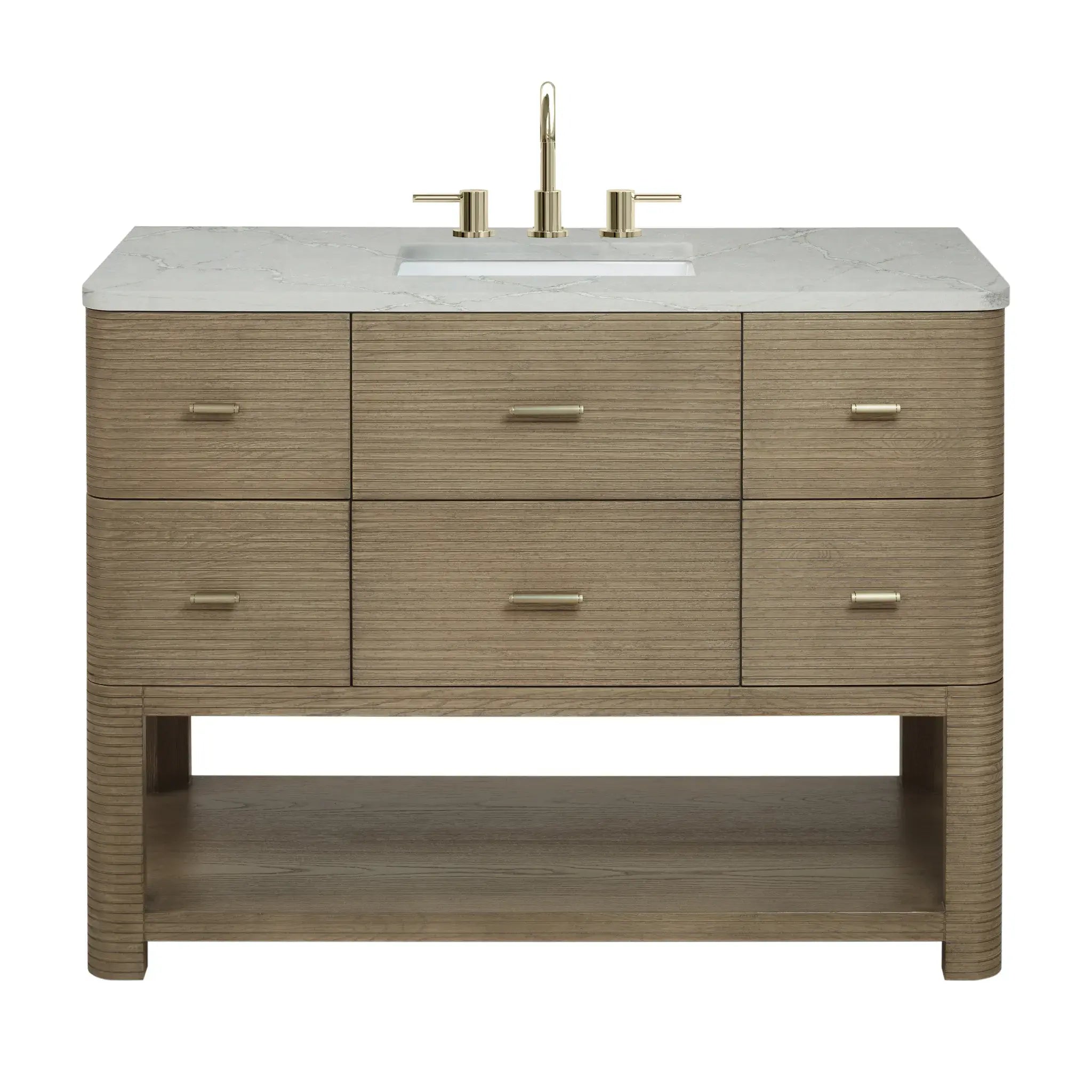 48" Lucian Single Vanity in Pebble Oak-Victorian Silver Silestone-8" Widespread image