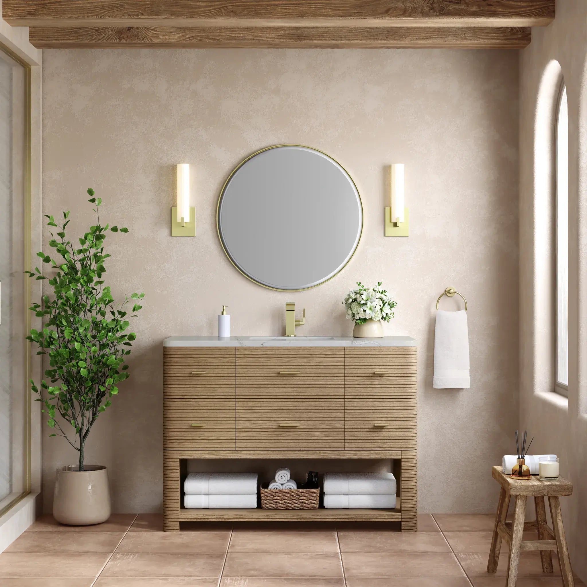 48" Lucian Single Vanity in Pebble Oak-Victorian Silver Silestone-Single Hole image 1