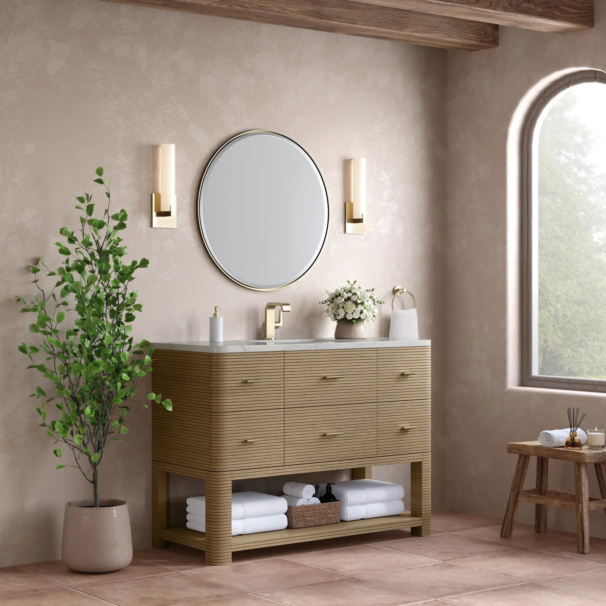 48" Lucian Single Vanity in Pebble Oak-Victorian Silver Silestone-Single Hole image 2