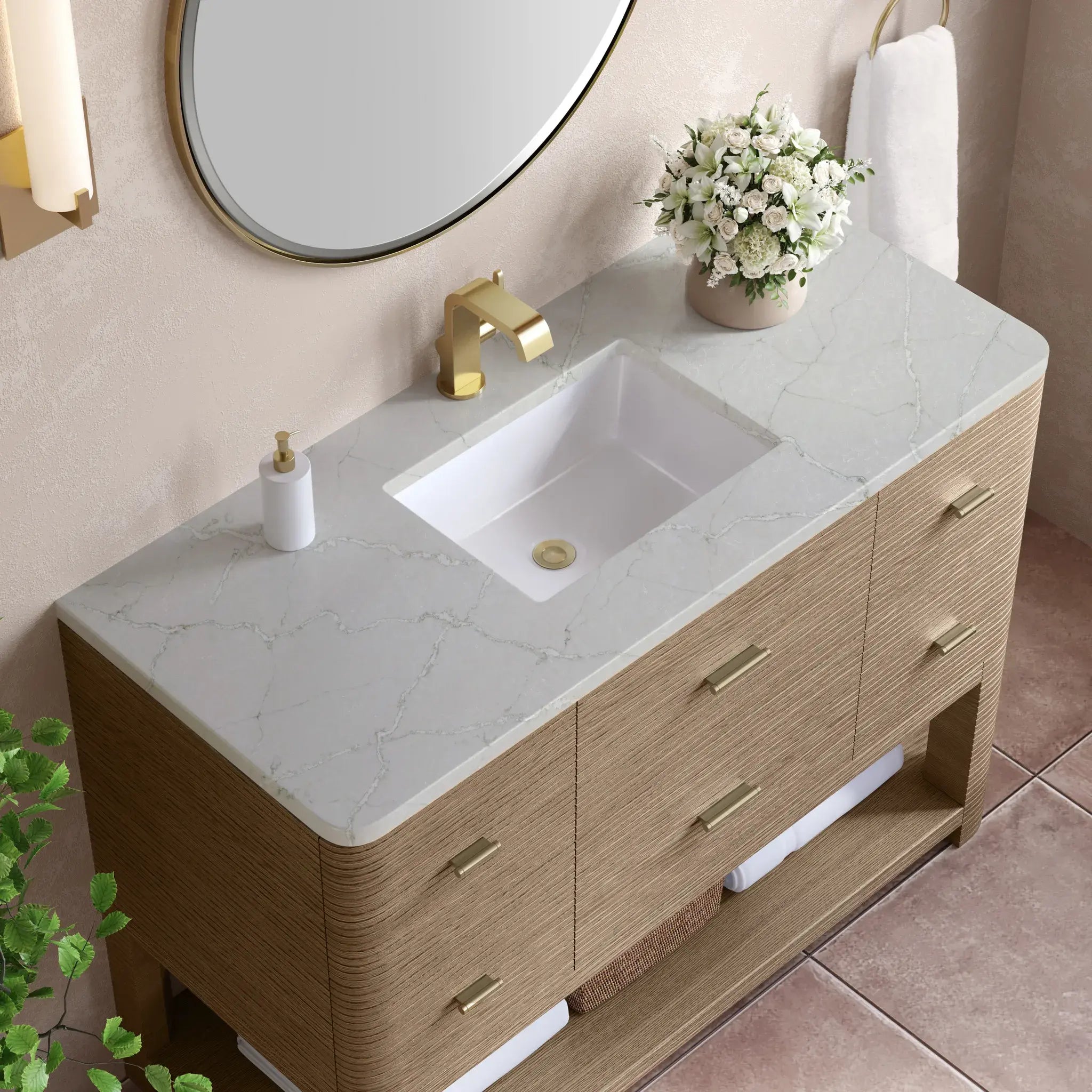 48" Lucian Single Vanity in Pebble Oak-Victorian Silver Silestone-Single Hole image 4