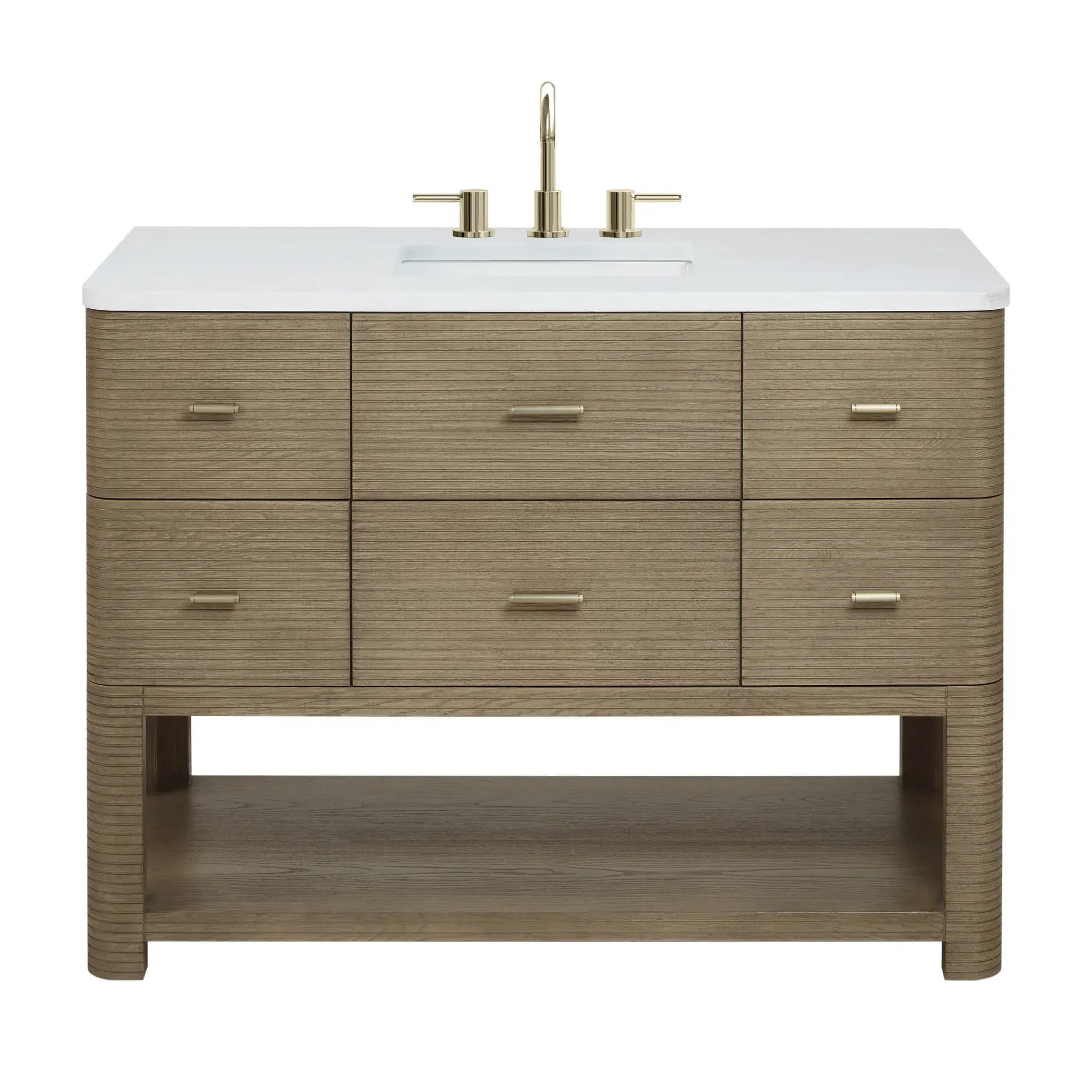 48" Lucian Single Vanity in Pebble Oak-White Zeus Silestone-8" Widespread image