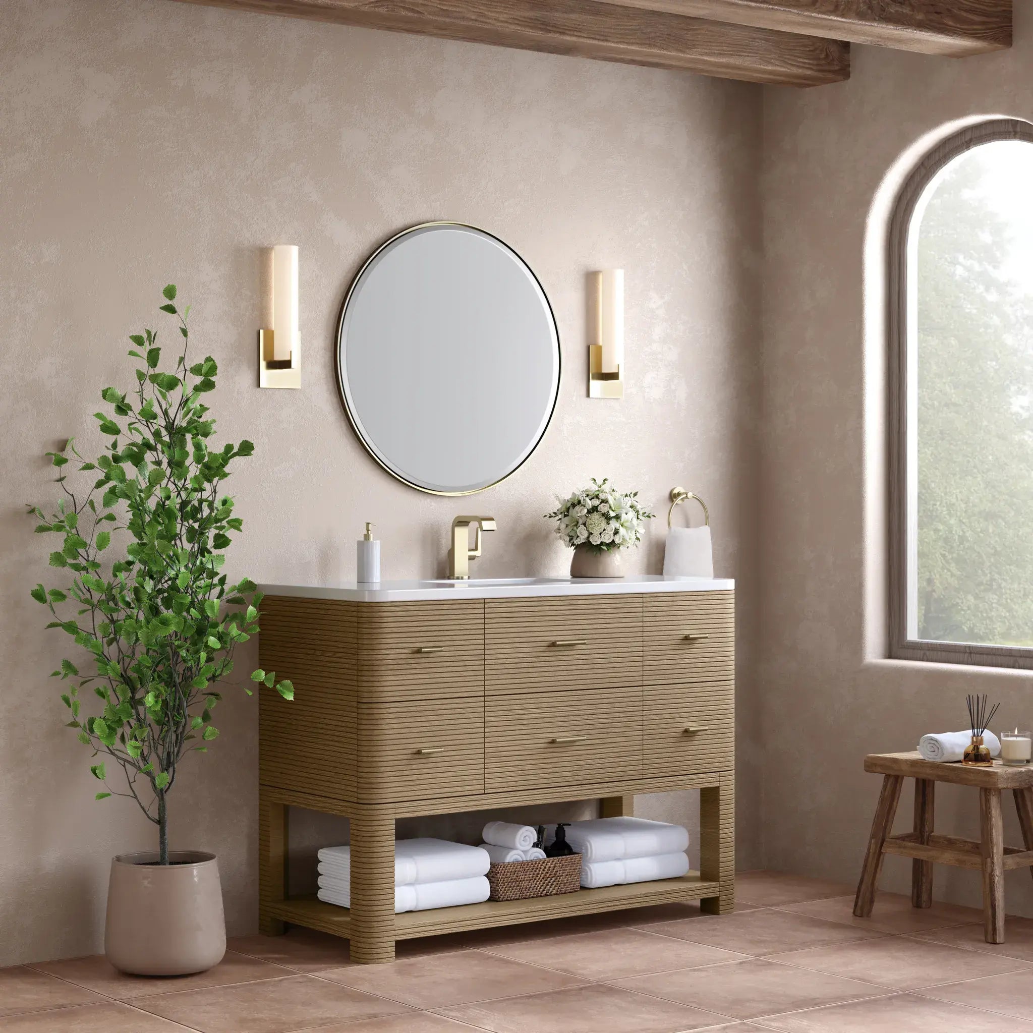48" Lucian Single Vanity in Pebble Oak-White Zeus Silestone-Single Hole image 2