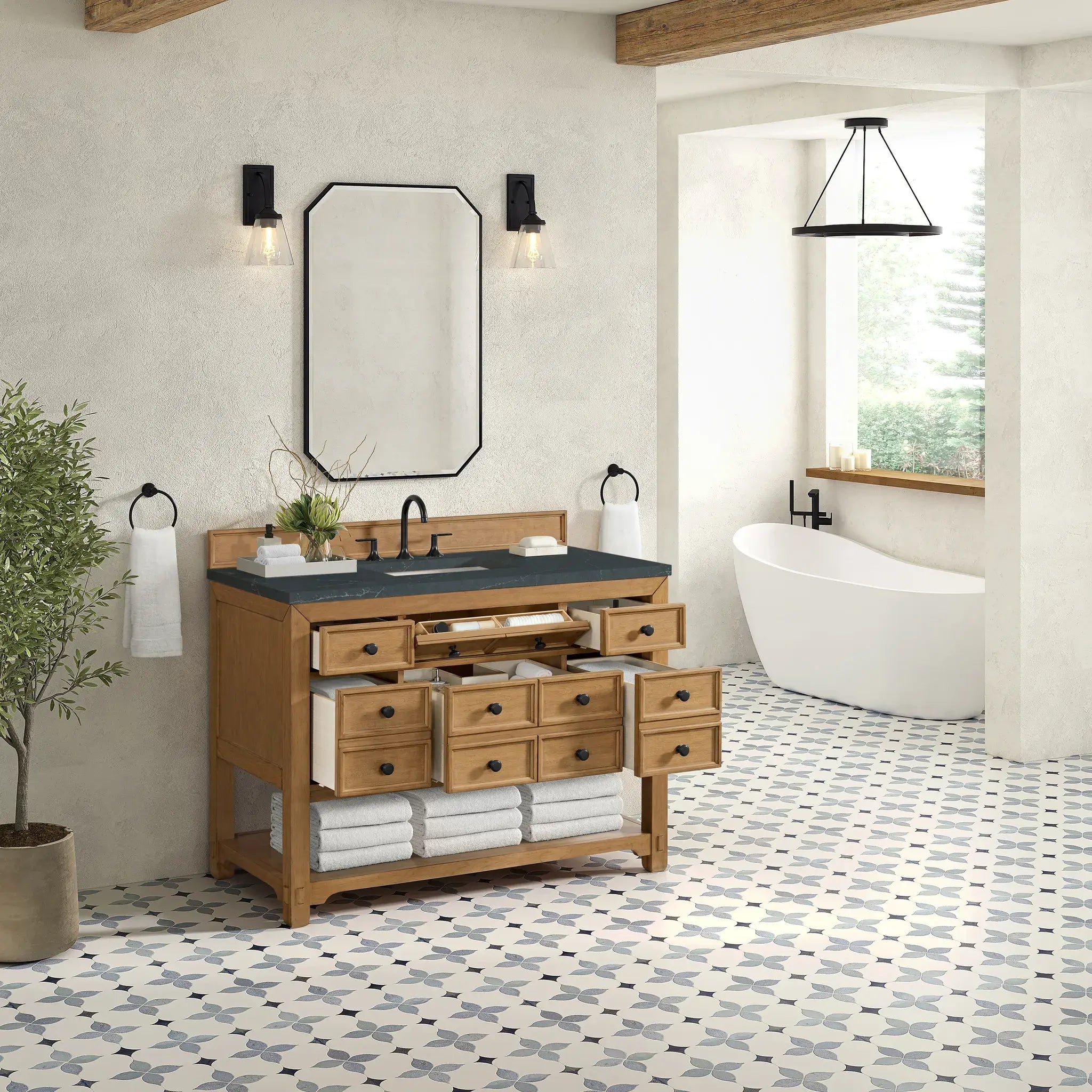 48" Malibu Single Vanity in Amber Birch-Charcoal Soapstone Silestone-8" Widespread image 4