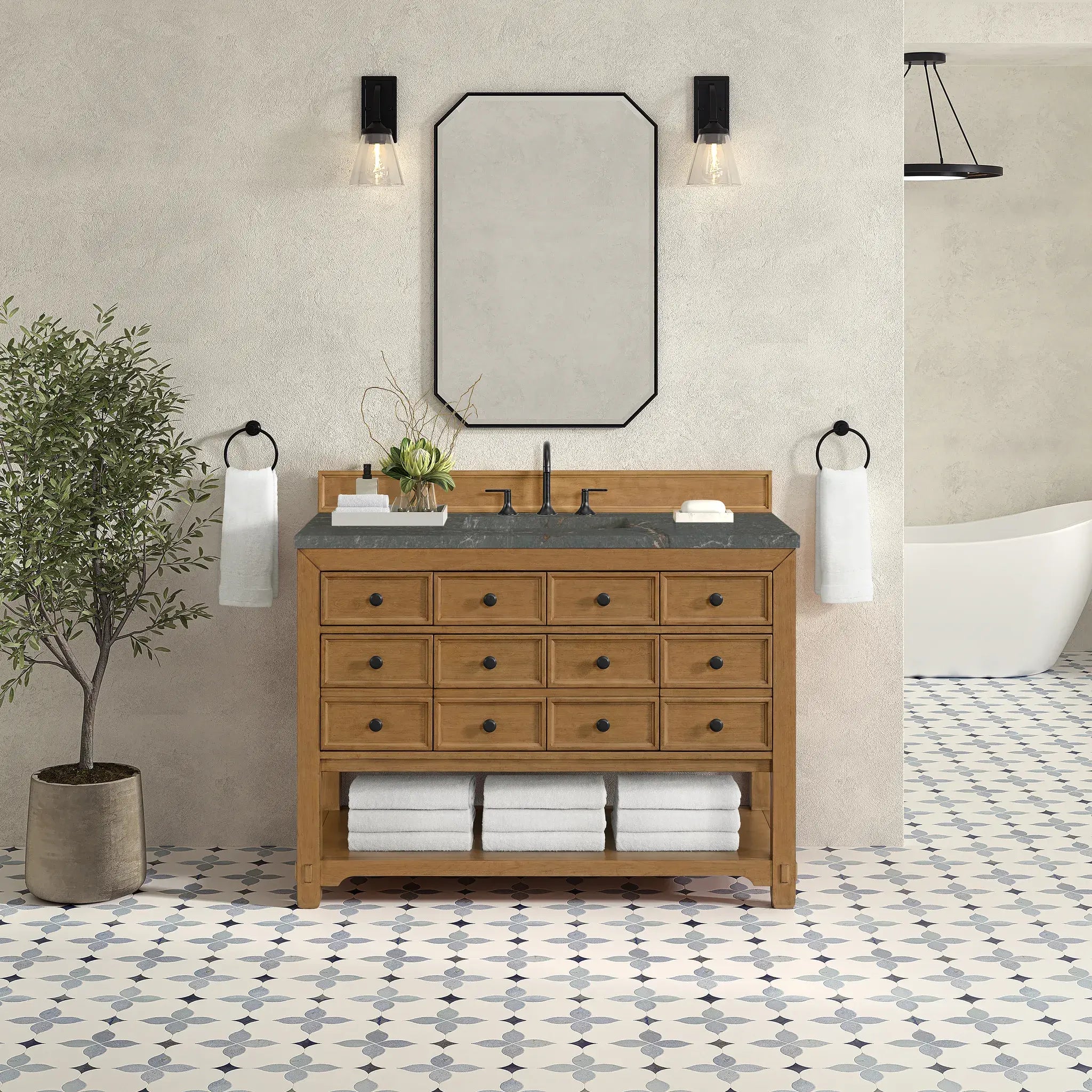 48" Malibu Single Vanity in Amber Birch-Parisien Bleu Silestone-8" Widespread image 2