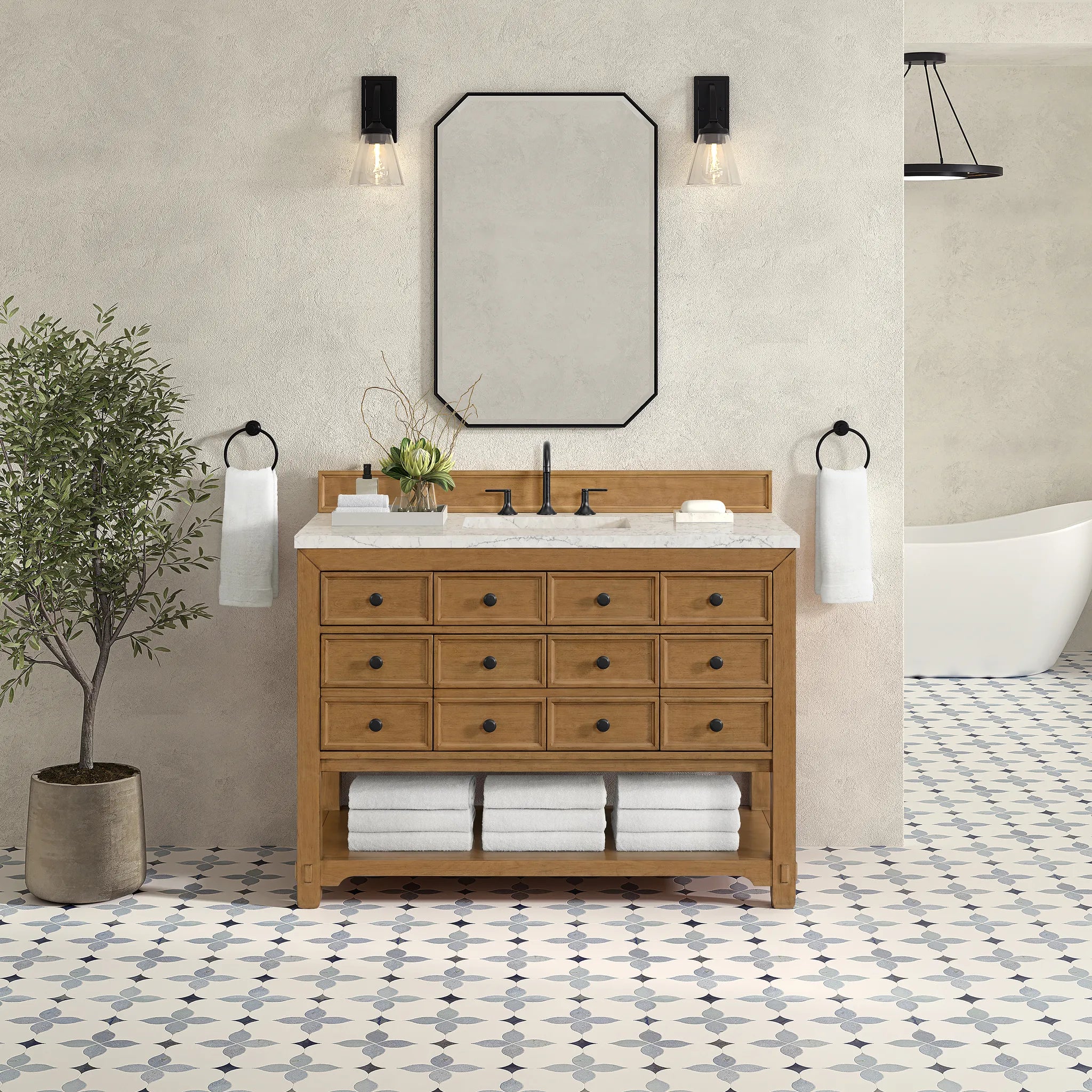 48" Malibu Single Vanity in Amber Birch w/FreePower Wireless Charger-Eternal Jasmine Pearl Silestone-8" Widespread image 4