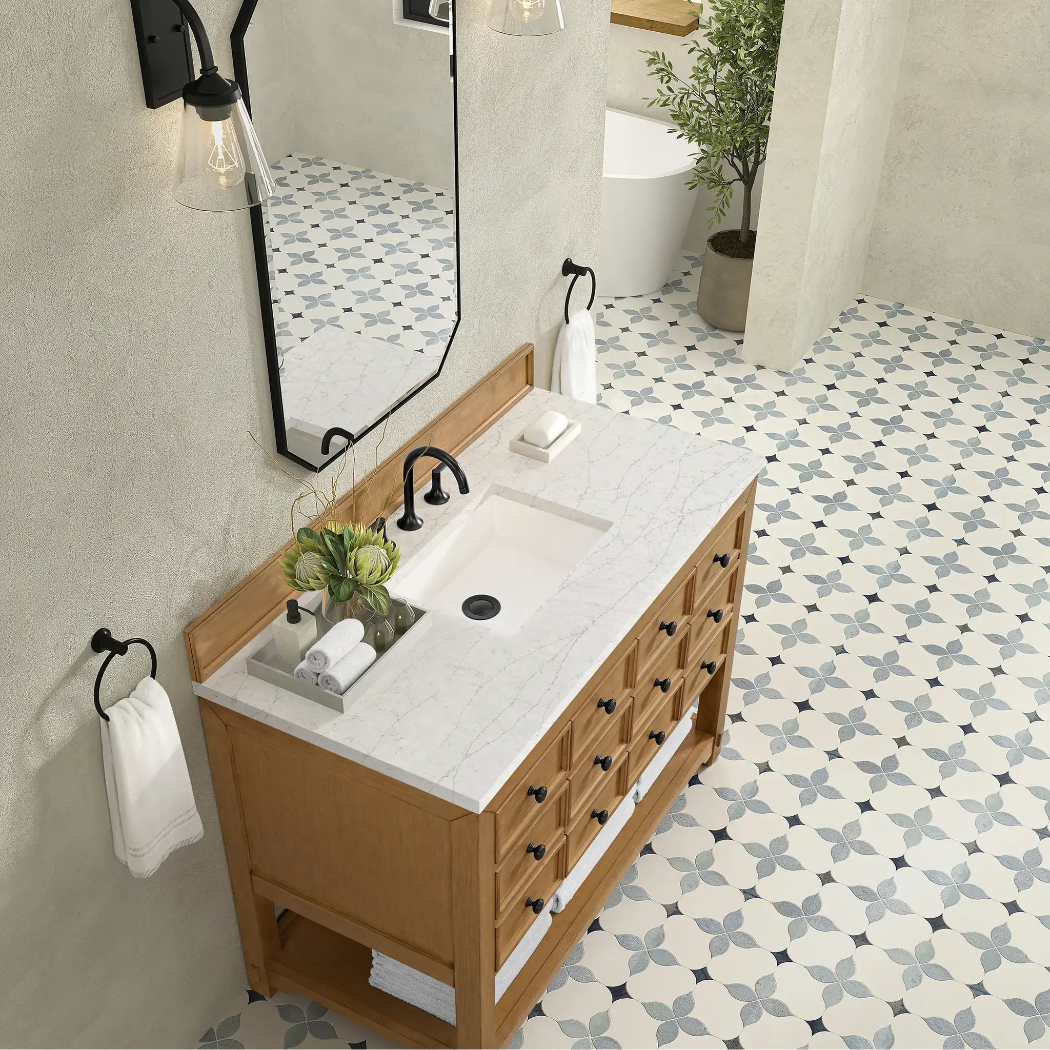 48" Malibu Single Vanity in Amber Birch w/FreePower Wireless Charger-Eternal Jasmine Pearl Silestone-8" Widespread image 8