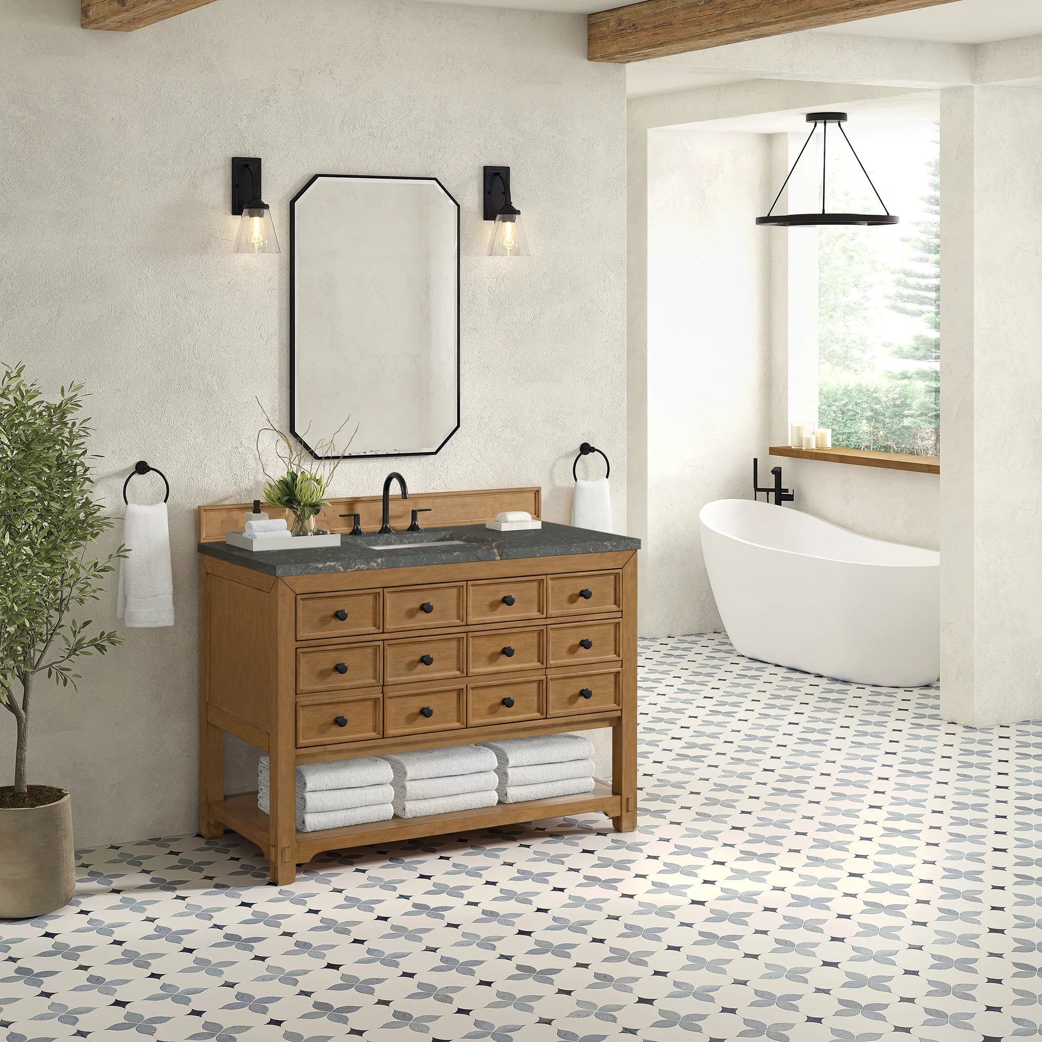 48" Malibu Single Vanity in Amber Birch w/FreePower Wireless Charger-Parisien Bleu Silestone-8" Widespread image 5