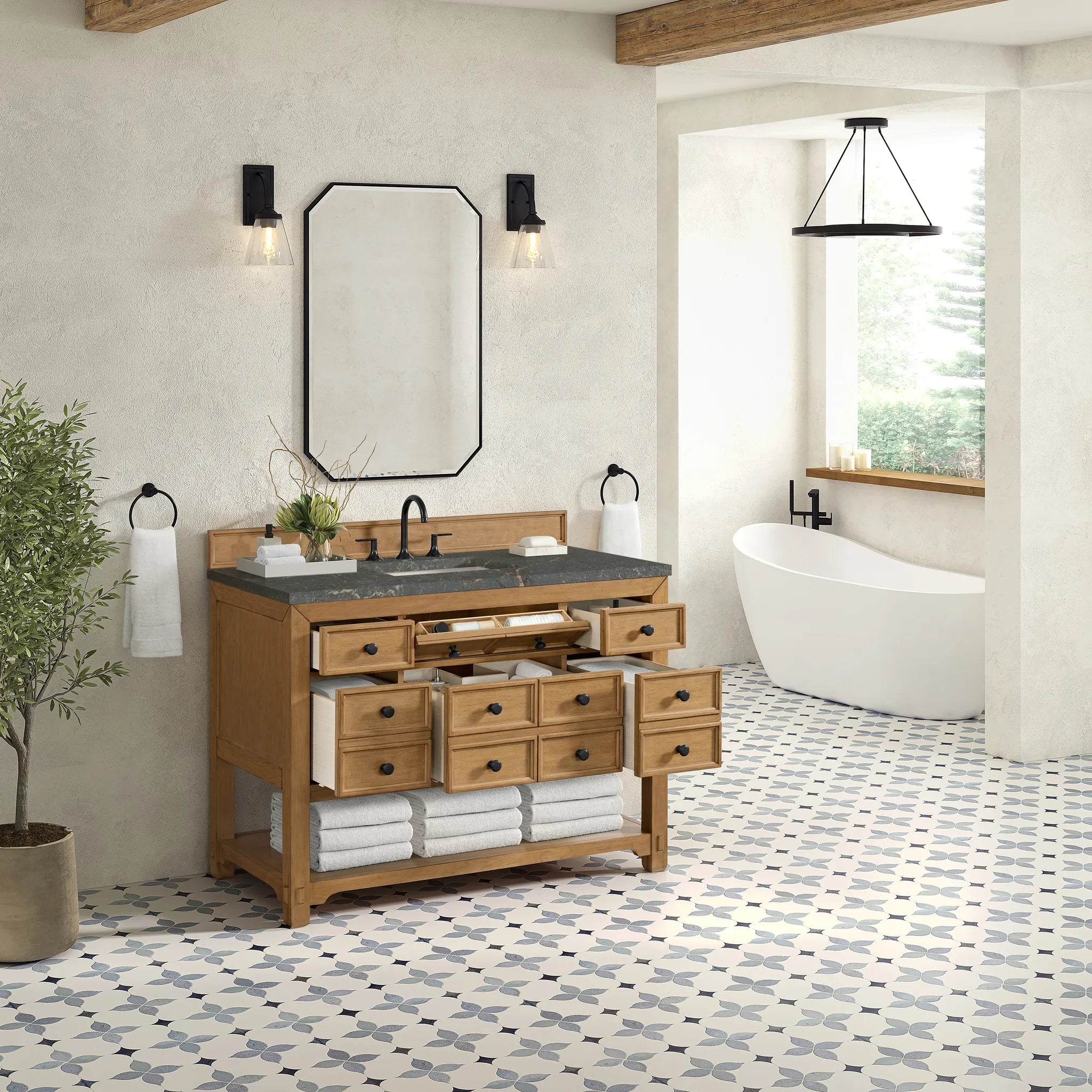 48" Malibu Single Vanity in Amber Birch w/FreePower Wireless Charger-Parisien Bleu Silestone-8" Widespread image 6