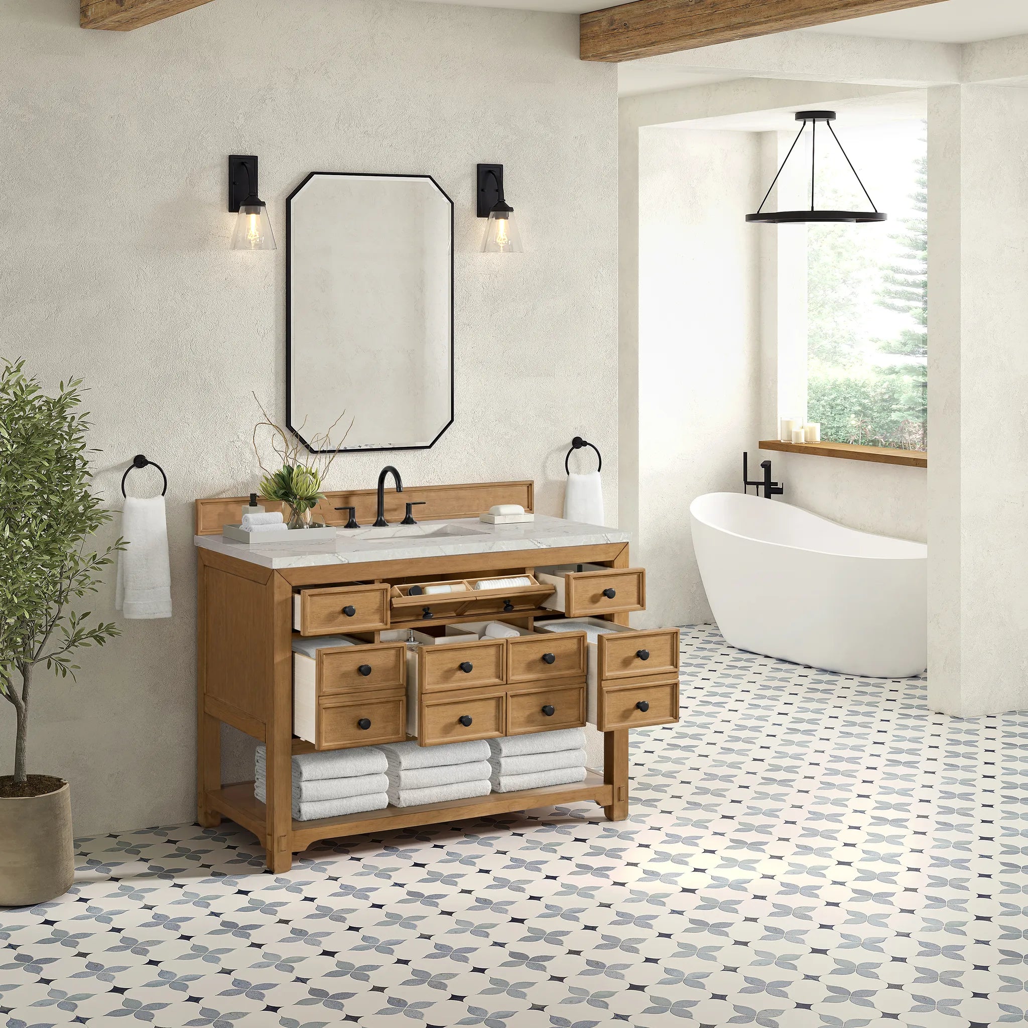 48" Malibu Single Vanity in Amber Birch w/FreePower Wireless Charger-Victorian Silver Silestone-8" Widespread image 6