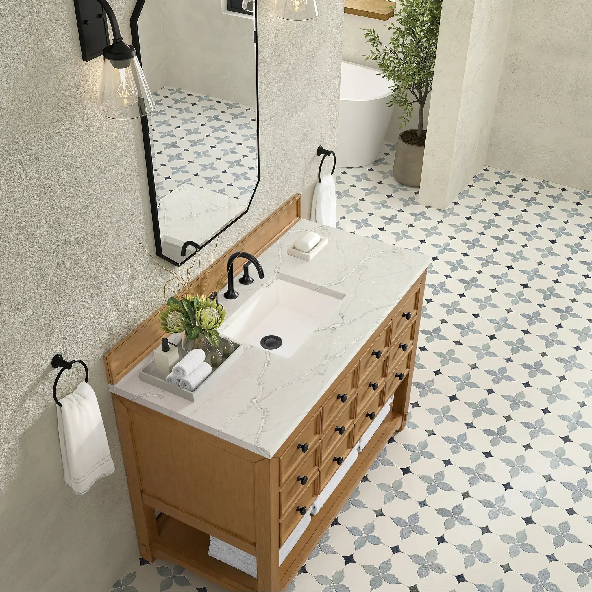 48" Malibu Single Vanity in Amber Birch w/FreePower Wireless Charger-Victorian Silver Silestone-8" Widespread image 8