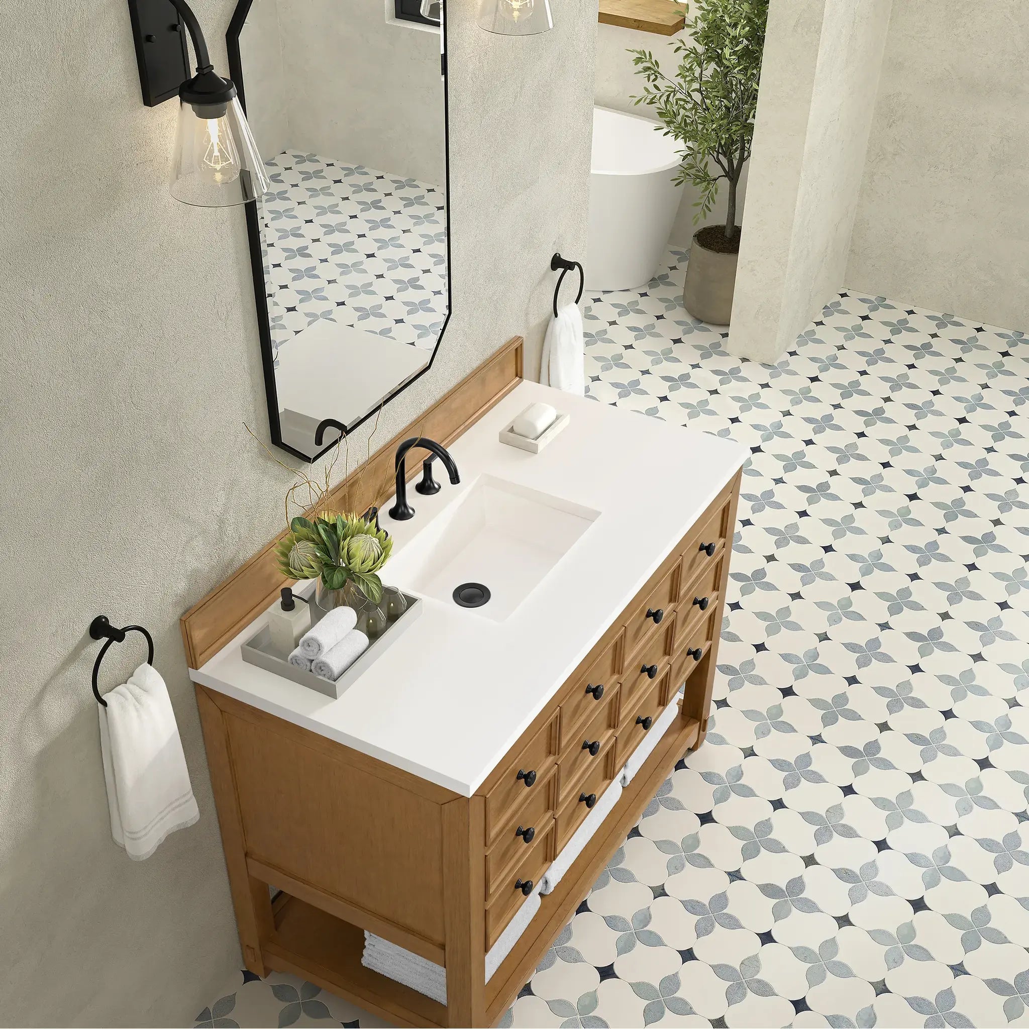 48" Malibu Single Vanity in Amber Birch-White Zeus Silestone-8" Widespread image 7