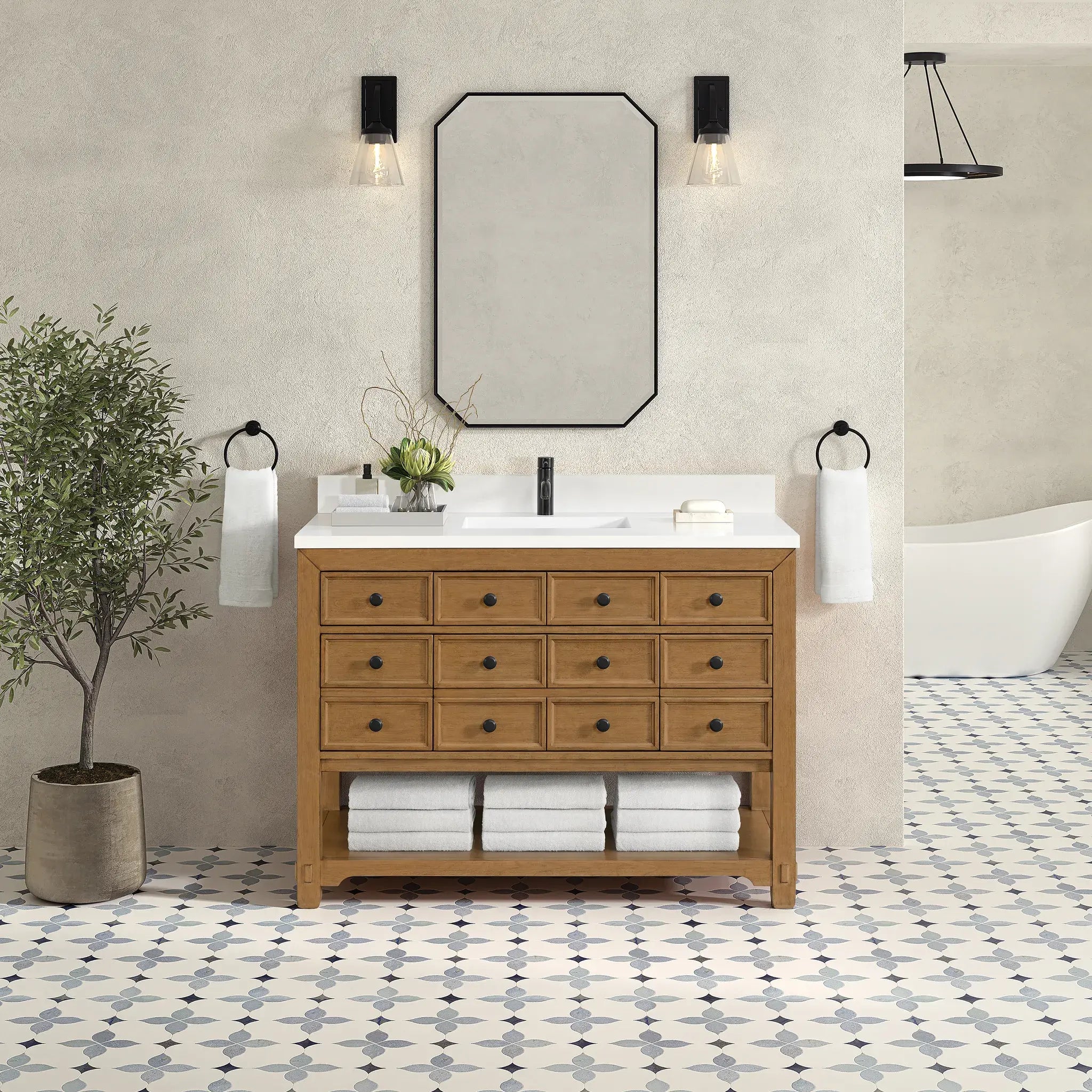 48" Malibu Single Vanity in Amber Birch-White Zeus Silestone & Backsplash-Single Hole image 2