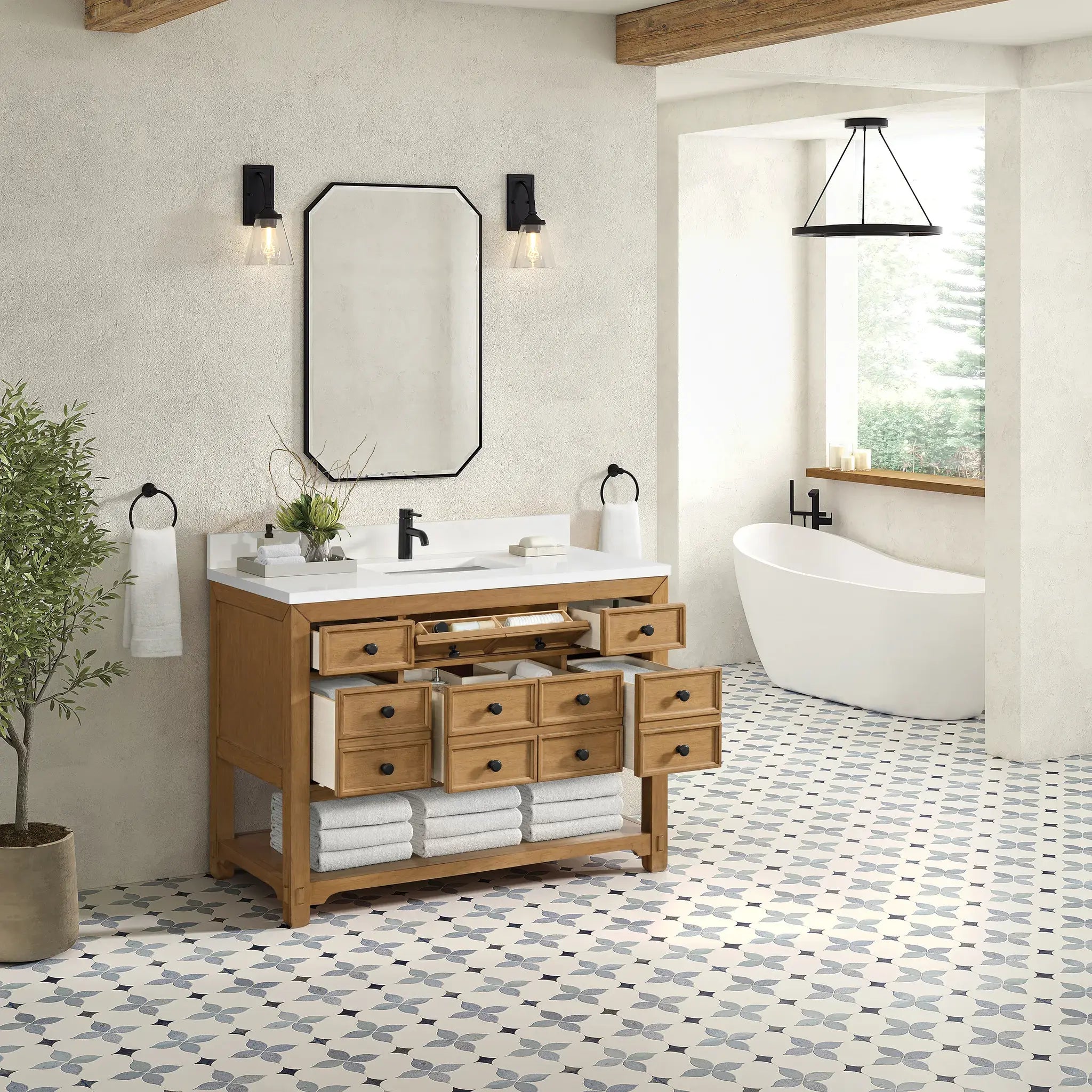48" Malibu Single Vanity in Amber Birch-White Zeus Silestone & Backsplash-Single Hole image 4