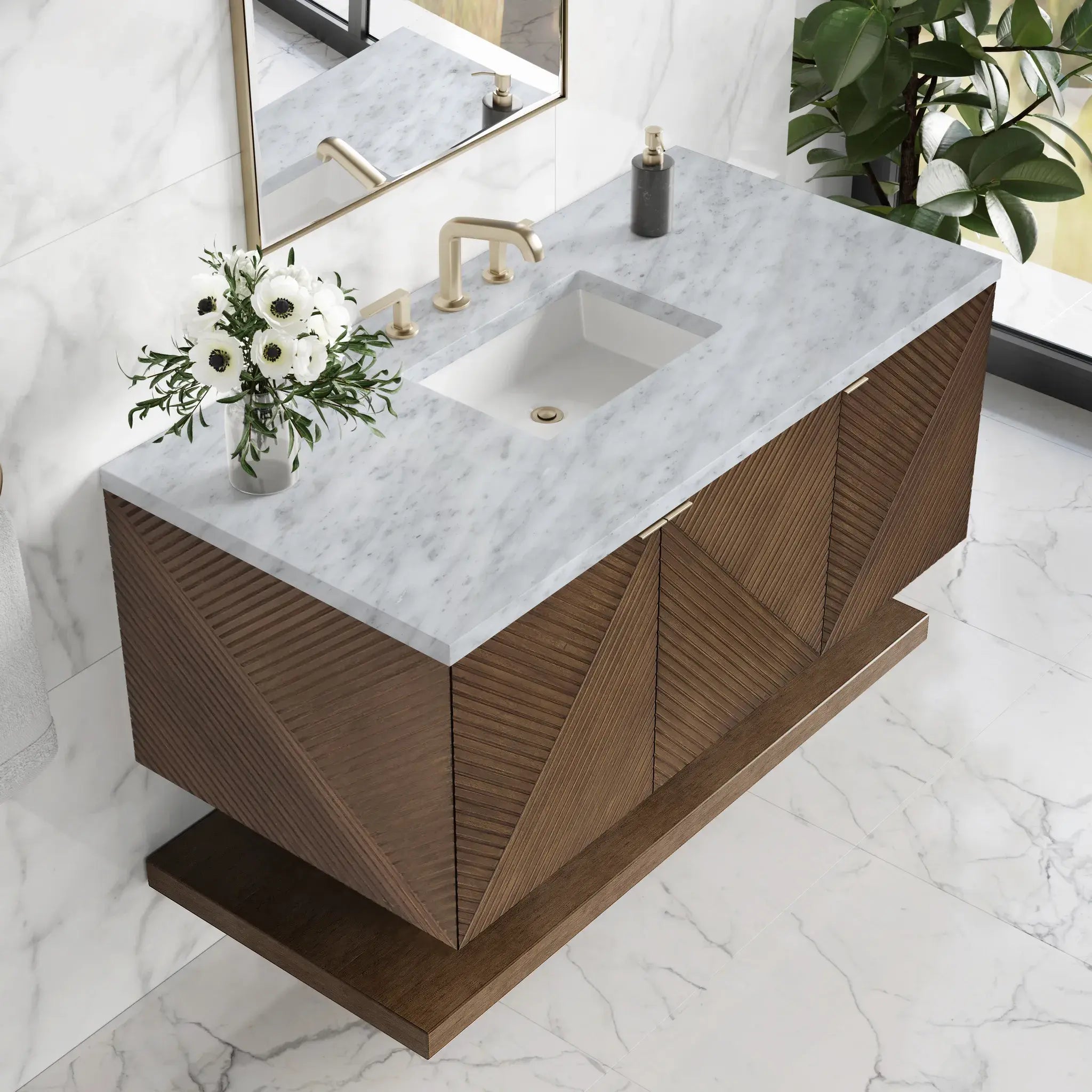 48" Marcello Single Vanity in Chestnut-Carrara White Marble-8" Widespread image 6