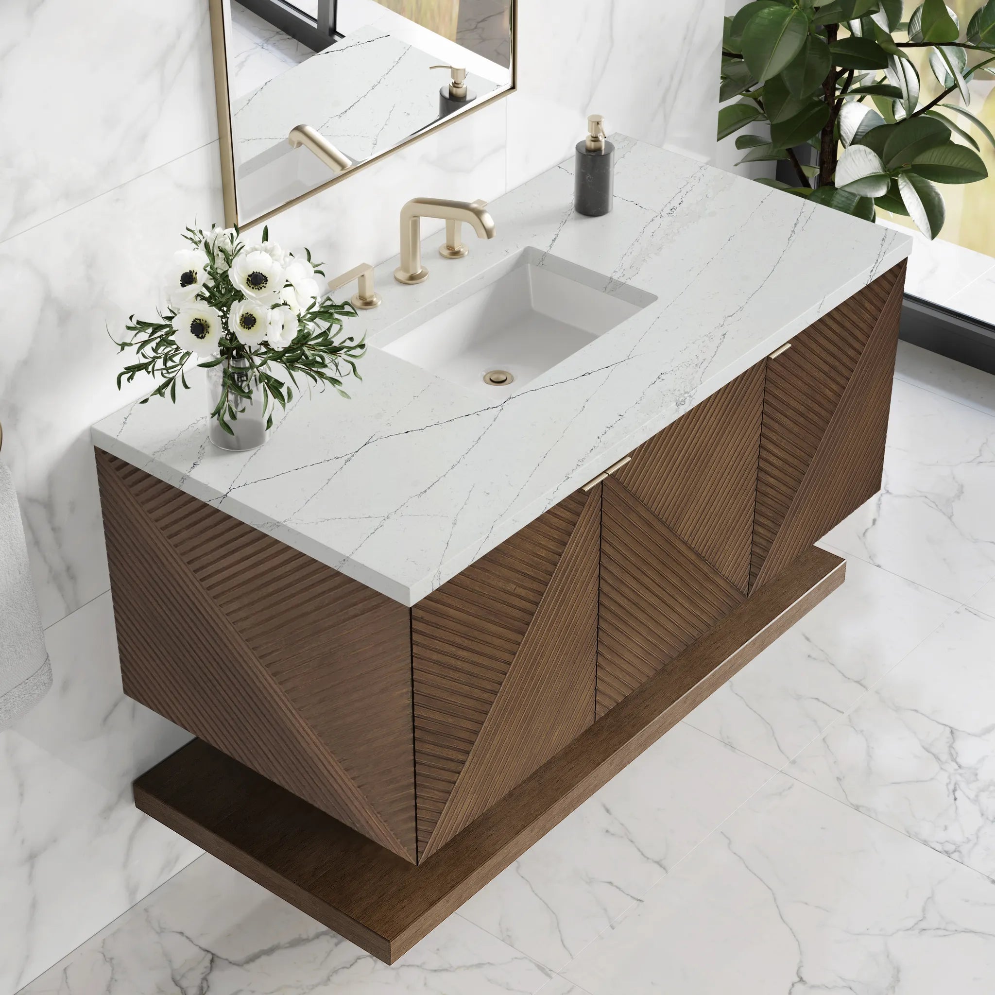 48" Marcello Single Vanity in Chestnut w/FreePower Wireless Charger-Ethereal Noctis Silestone-8" Widespread image 7