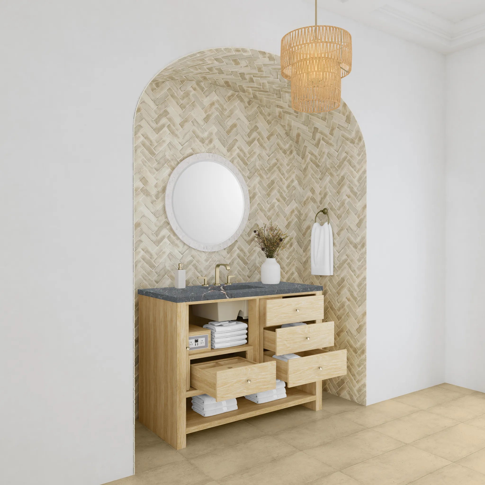 48" Marigot Single Vanity in Sunwashed Oak w/FreePower Wireless Charger-Parisien Bleu Silestone-8" Widespread image 6