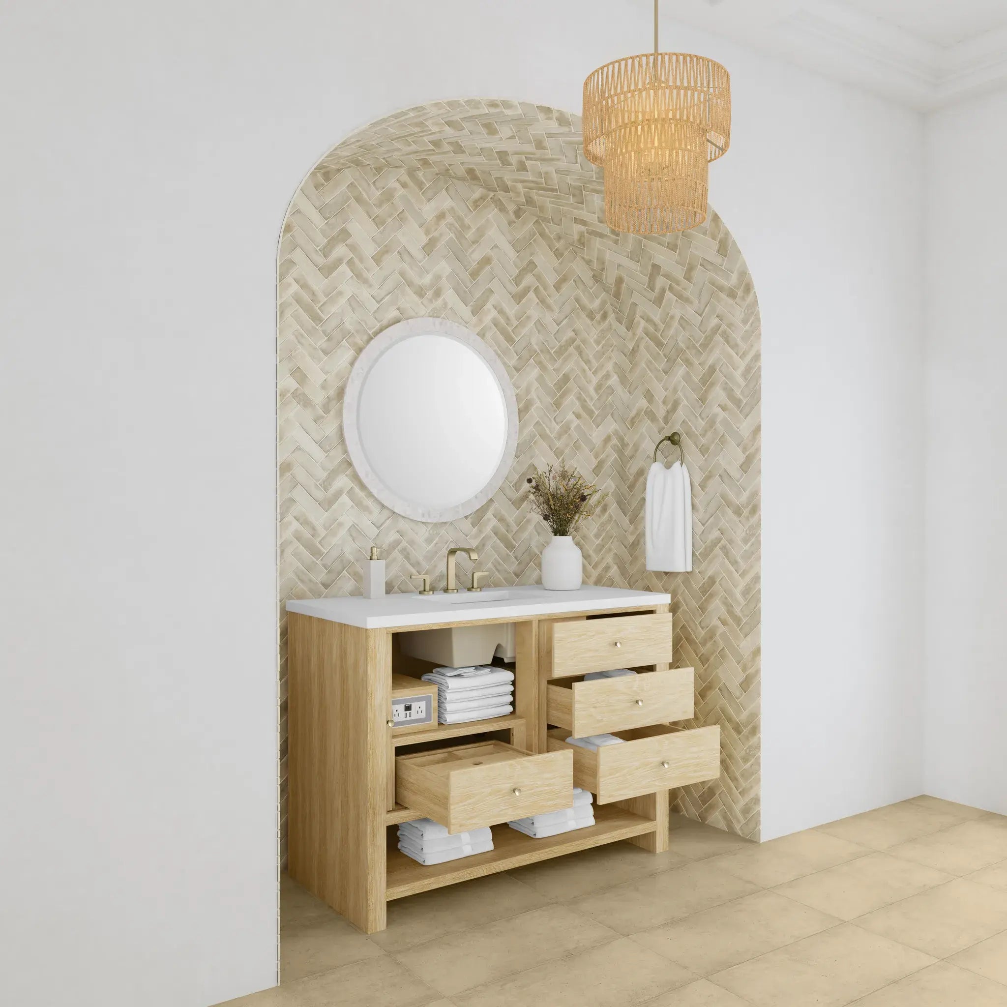 48" Marigot Single Vanity in Sunwashed Oak-White Zeus Silestone-8" Widespread image 4