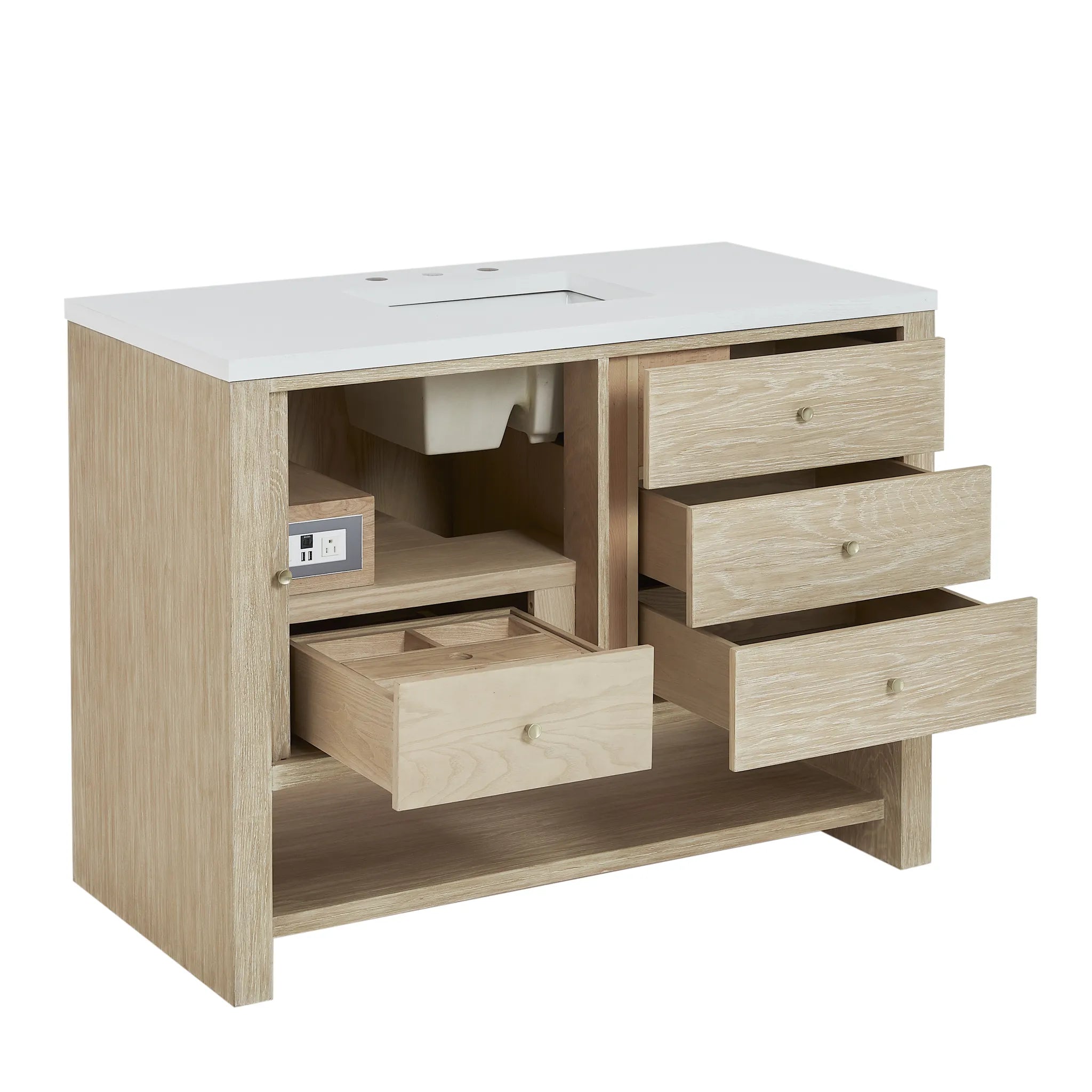48" Marigot Single Vanity in Sunwashed Oak Wireless Charger-Eternal Jasmine Pearl Silestone-8" Widespread image 10